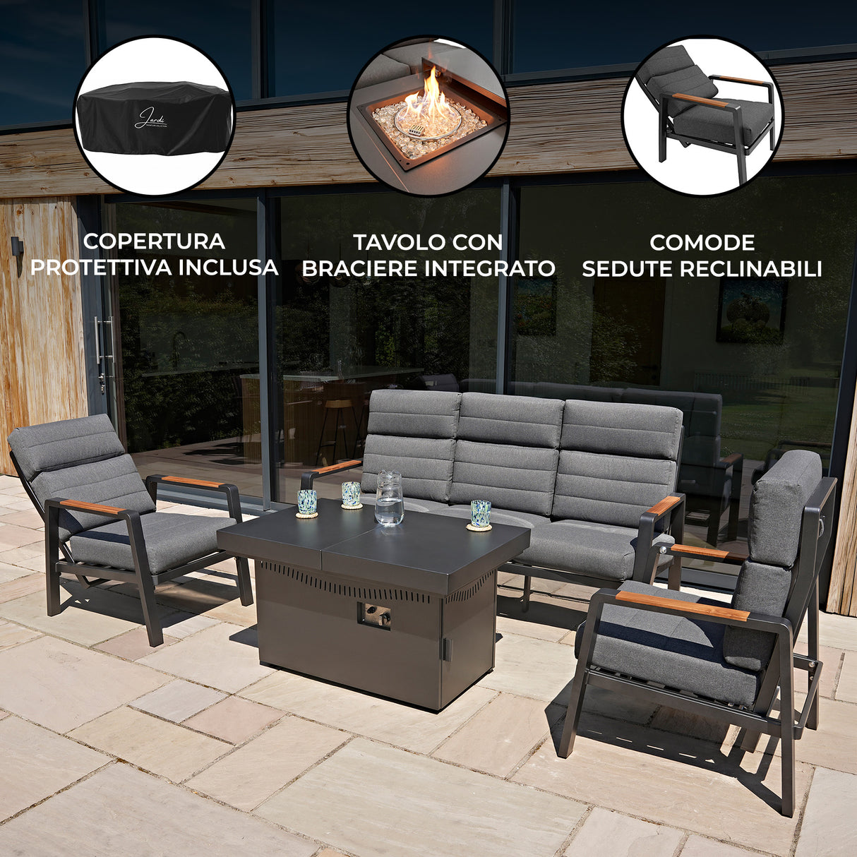 Set Giardino Alluminio 5 Posti con Tavolo Braciere e Poltrone Relax