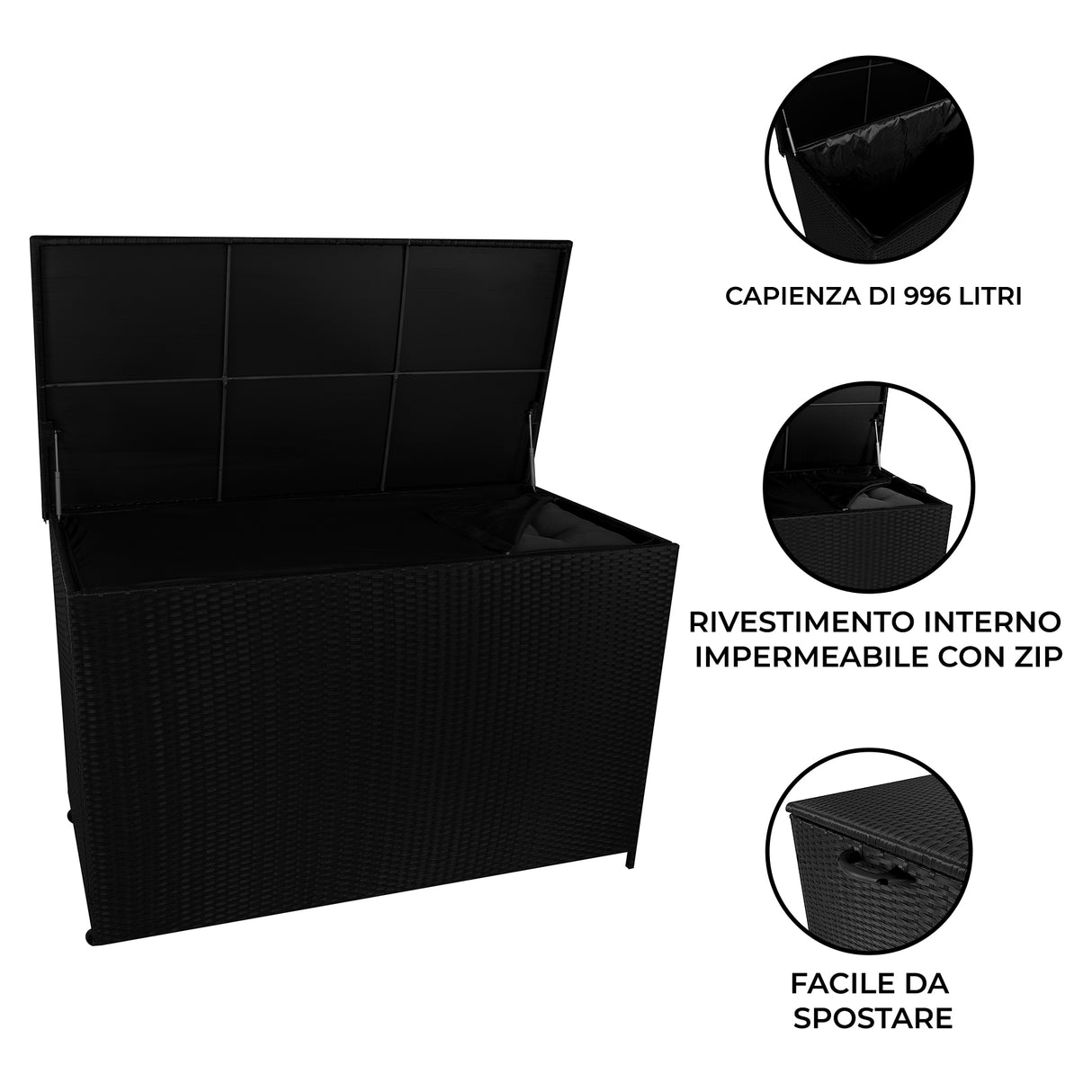 Box Contenitore in Rattan 996L per Cuscini - Nero