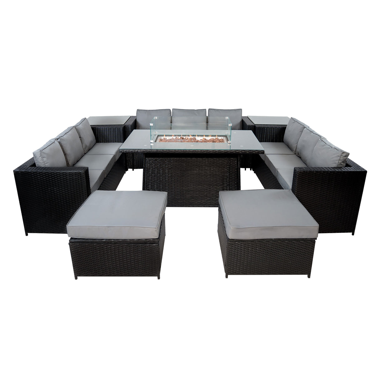 Set Mobili da Giardino in Rattan 11 Posti con Tavolo Firepit – Nero