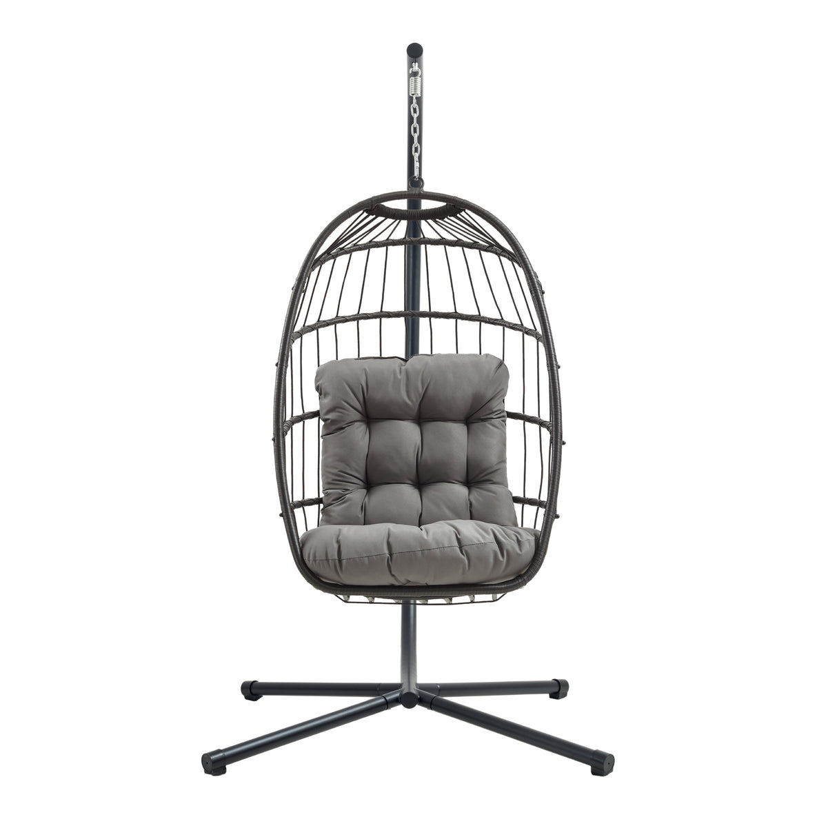 Poltrona sospesa a uovo in rattan nero, con struttura metallica e cuscino grigio imbottito, design moderno e accogliente