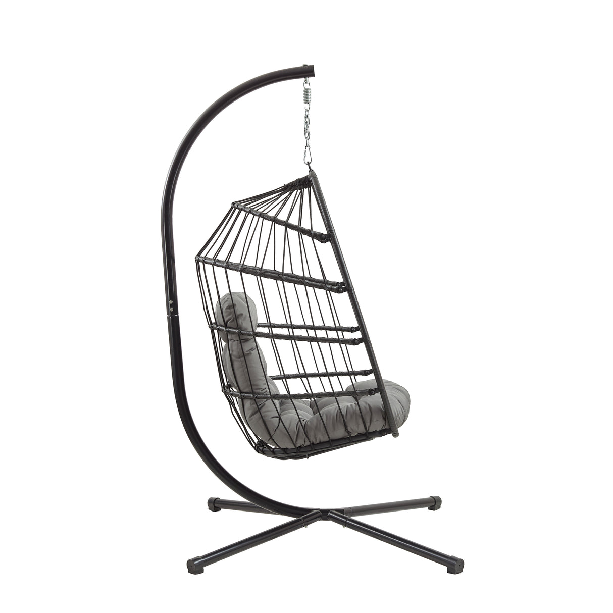 Poltrona sospesa a uovo in rattan nero con struttura metallica, cuscino grigio chiaro, design moderno e accogliente per interni ed esterni