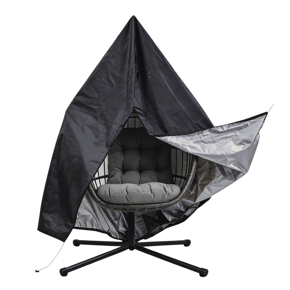 Poltrona sospesa a uovo in rattan nero con struttura metallica, cuscino grigio, design moderno e accogliente per interni ed esterni