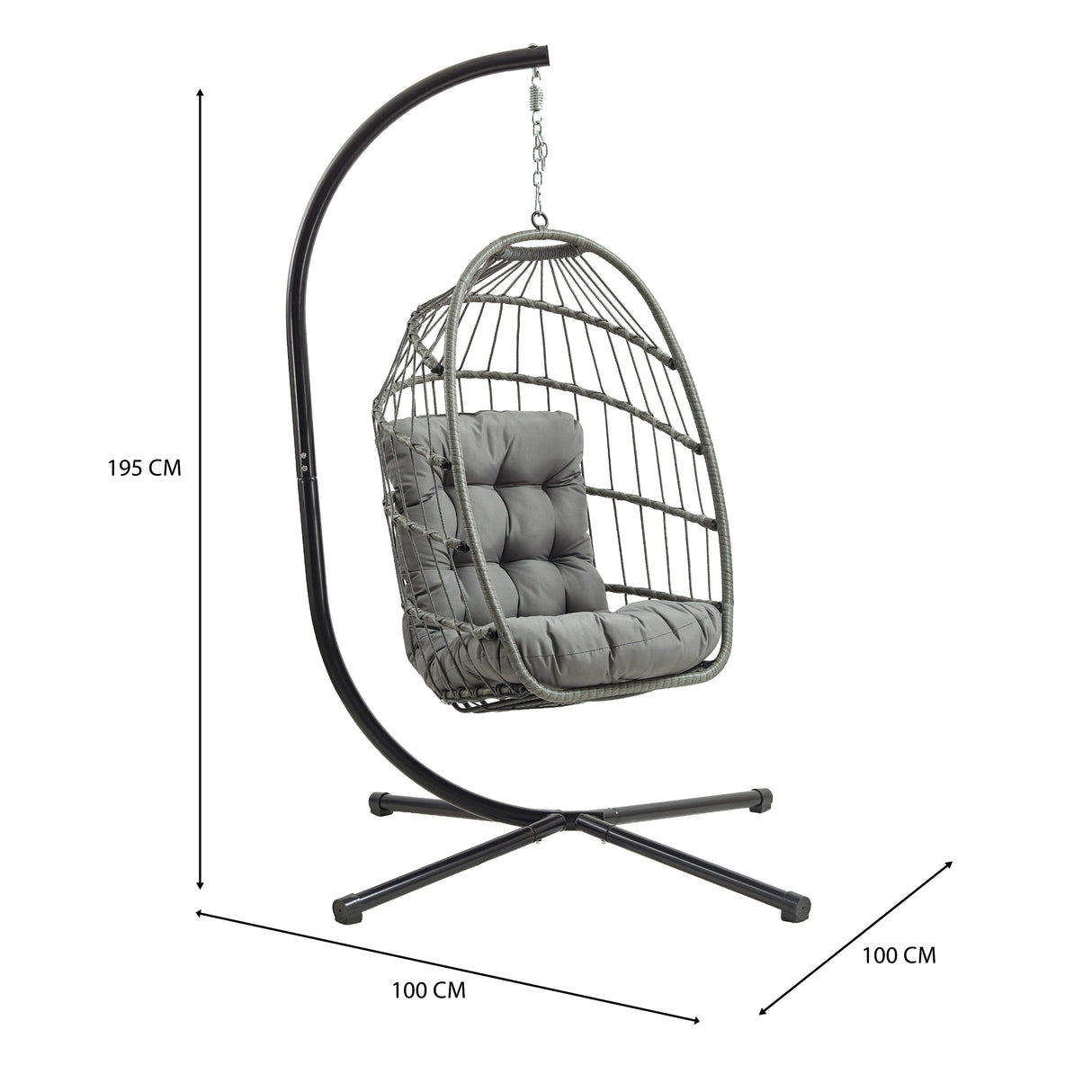 Poltrona sospesa a uovo in rattan grigio con struttura nera, cuscini morbidi e design elegante, ideale per esterni e interni