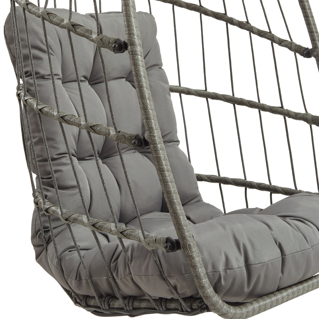 Poltrona sospesa a uovo in rattan grigio con cuscino imbottito, struttura intrecciata e design moderno per interni ed esterni