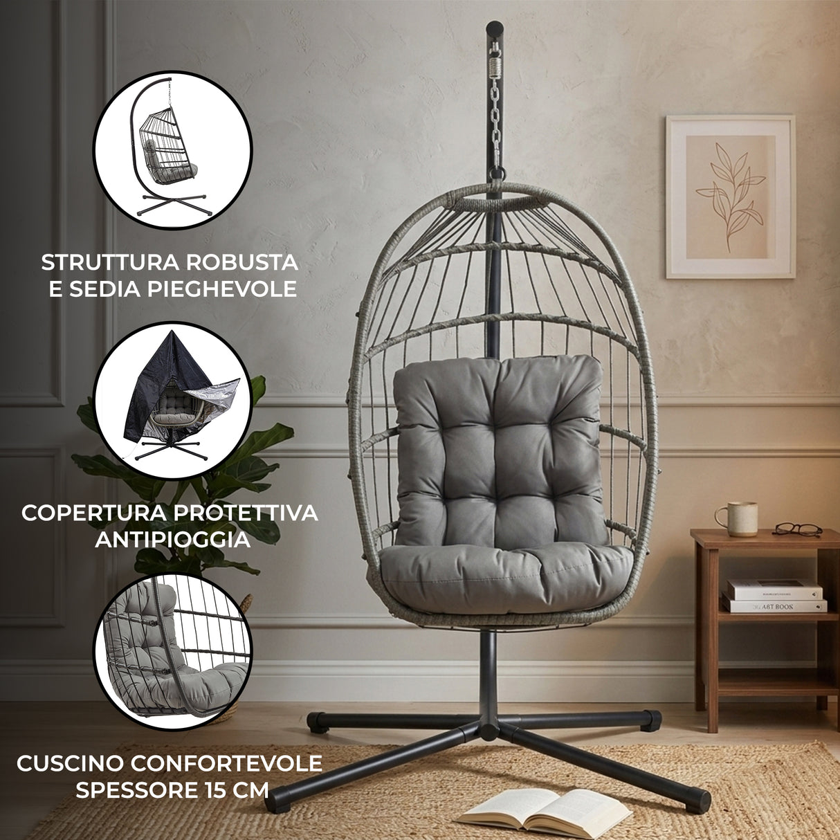 Poltrona sospesa a uovo in rattan grigio con struttura robusta, cuscino spesso, copertura protettiva e design elegante per interni ed esterni