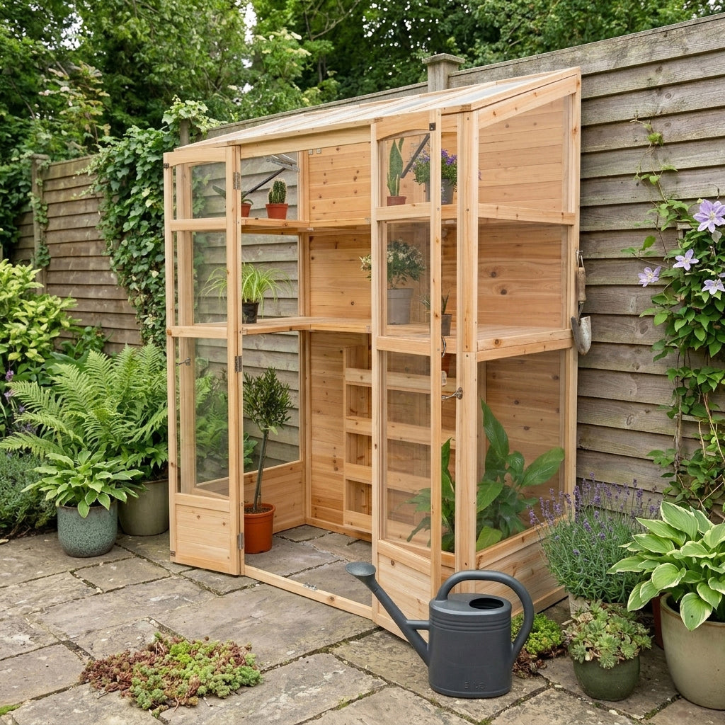 Serra Vittoriana da Giardino in Legno Naturale con Finestre Auto-Ventilate e Ripiani Regolabili