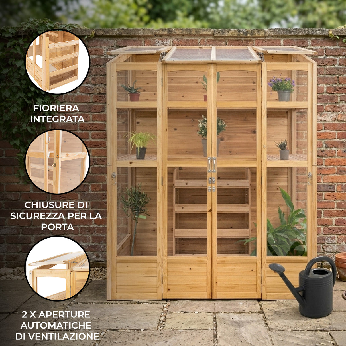 Serra Vittoriana da Giardino in Legno Naturale con Finestre Auto-Ventilate e Ripiani Regolabili