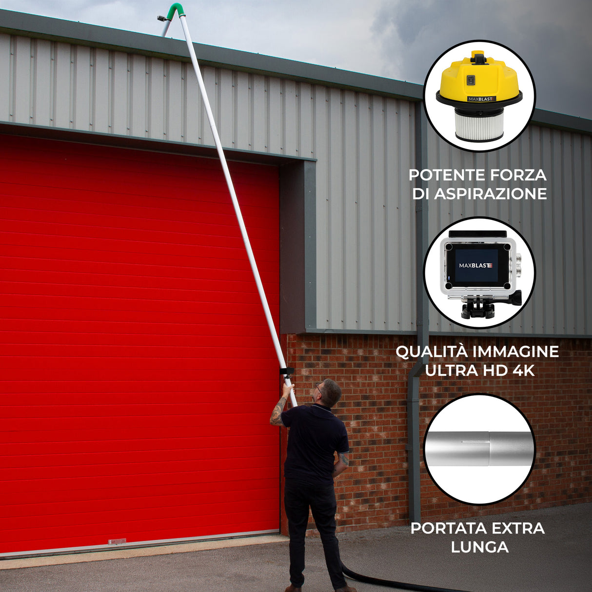Aspiratore 30L umido/secco con aste 7,2m e telecamera 4K per grondaie