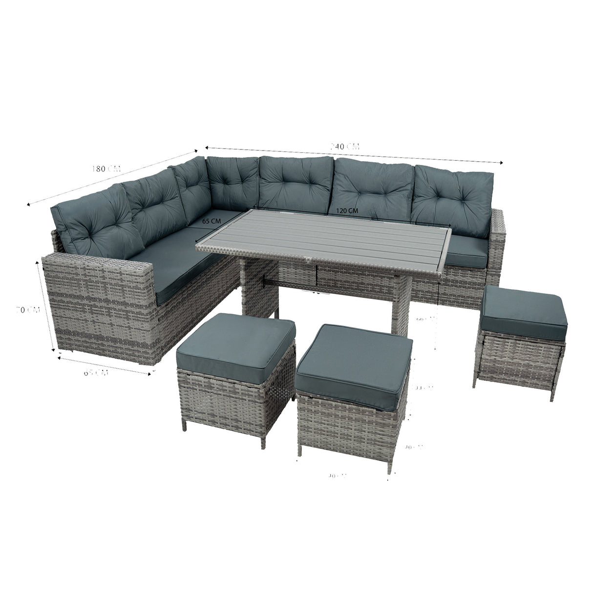 Set Angolare in Rattan 9 Posti con Tavolo in Polywood – Grigio con Cuscini Grigi