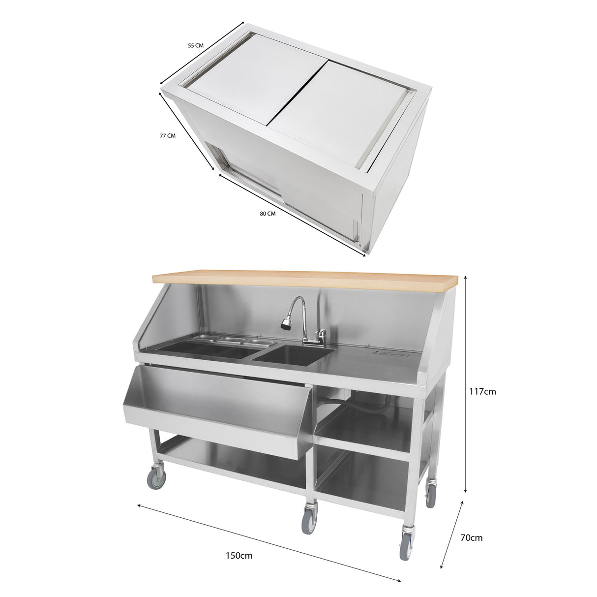 Postazione Bar Cocktail Mobile con Carrello Portaghiaccio 86L