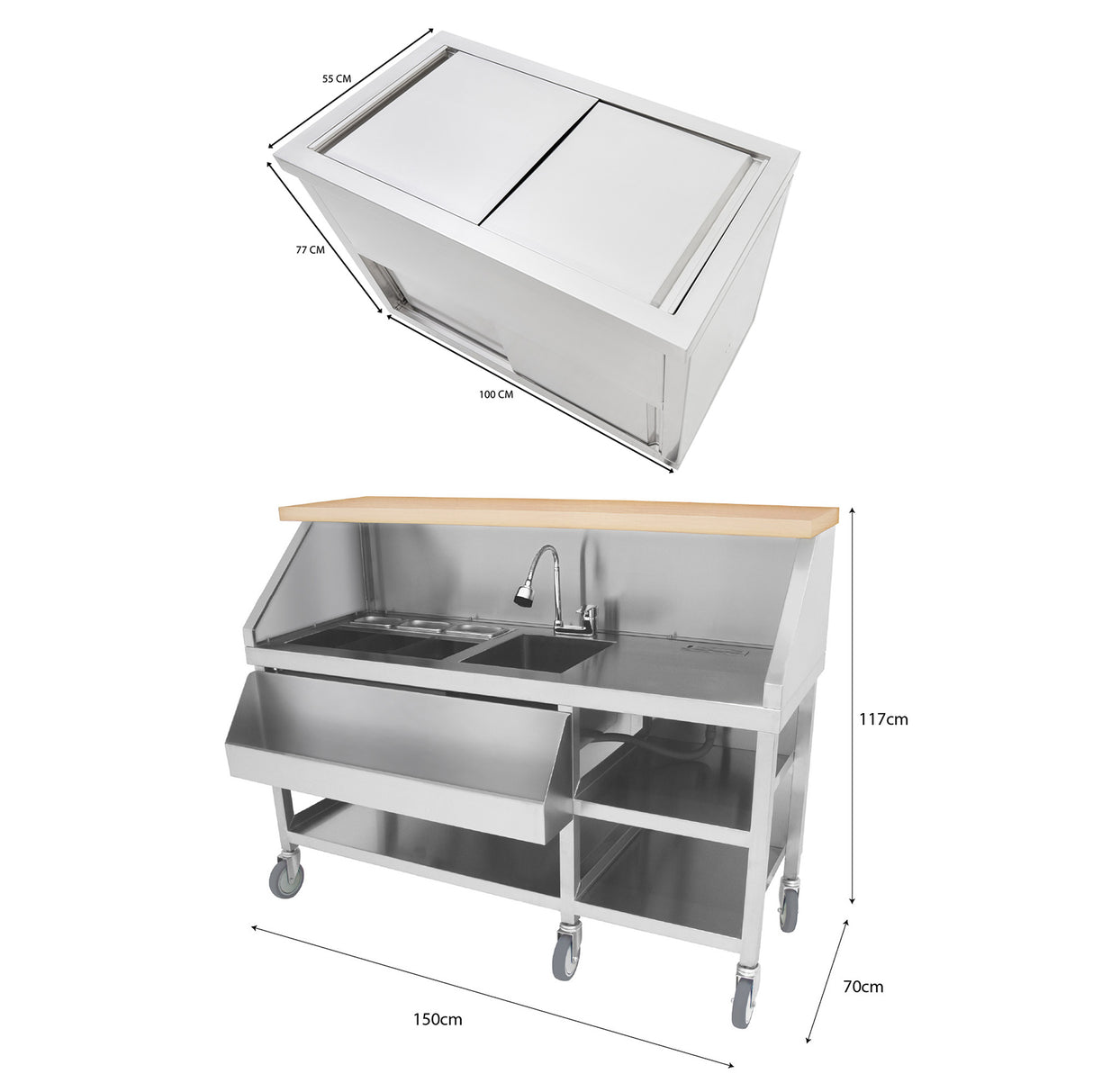 Postazione Bar Cocktail Mobile con Carrello Portaghiaccio 109L
