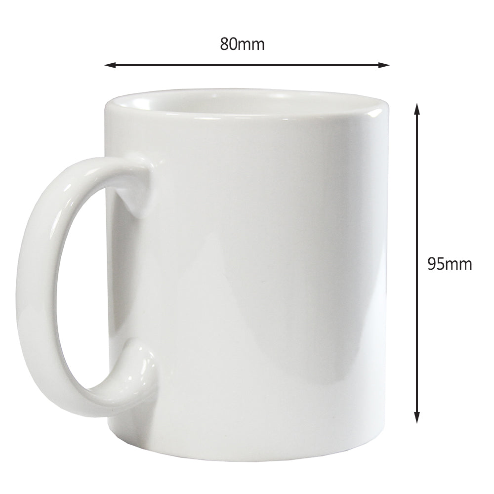 Tazza in ceramica bianca per sublimazione, forma cilindrica, dimensioni 80mm di diametro e 95mm di altezza, superficie liscia e lucida