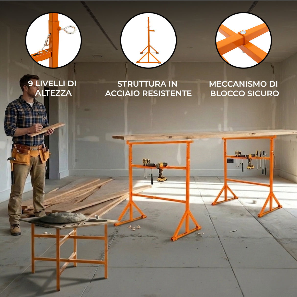 Cavalletti da Lavoro x4 + Supporti Tavola Malta 75 cm x5