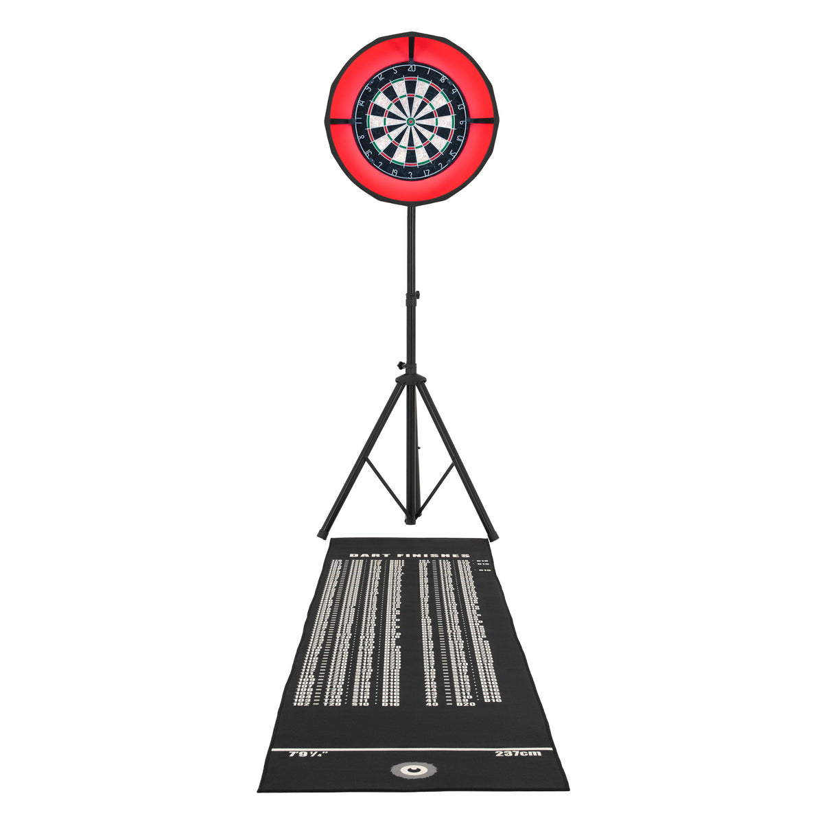 Tavolo giochi 7-in-1 effetto rovere con set freccette, luce LED rossa, tappeto nero con punteggi e supporto regolabile