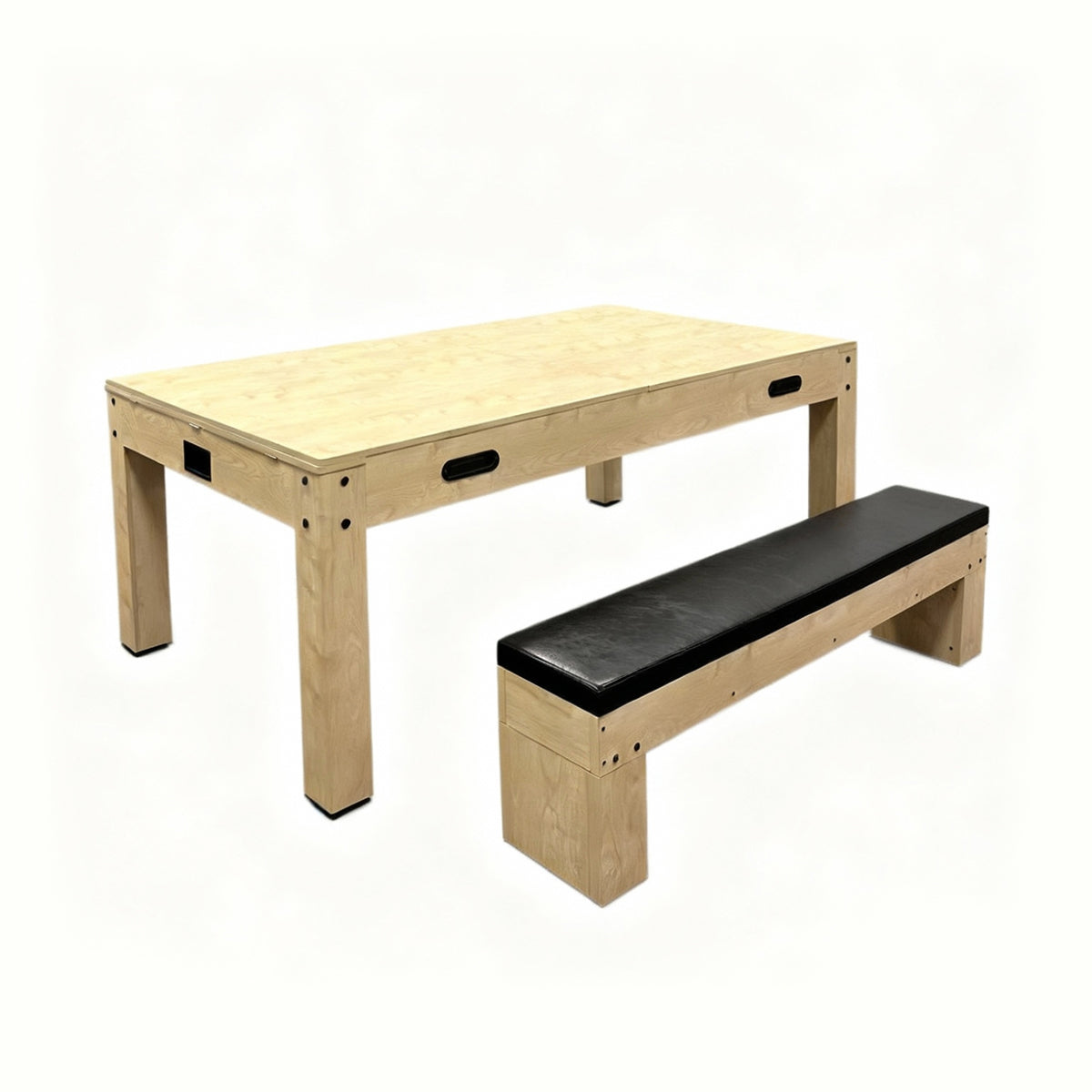Tavolo giochi 7-in-1 effetto rovere con panca nera, superficie liscia e angoli arrotondati, ideale per divertimento e relax
