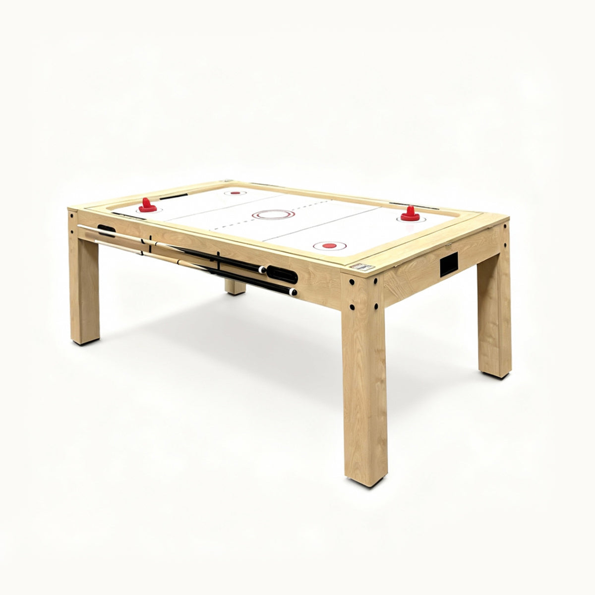 Tavolo giochi 7-in-1 effetto rovere, con superficie liscia, bordi rossi e luci LED, ideale per serate di divertimento in famiglia