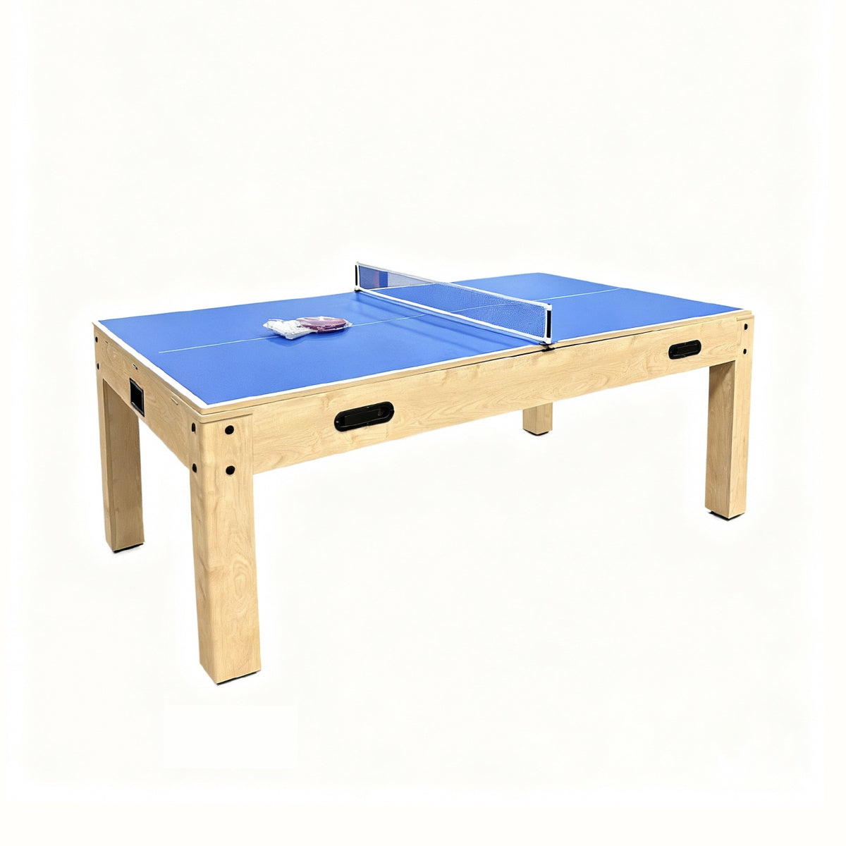Tavolo da gioco 7-in-1 effetto rovere, superficie blu, con set freccette e luce LED, ideale per divertimento e intrattenimento