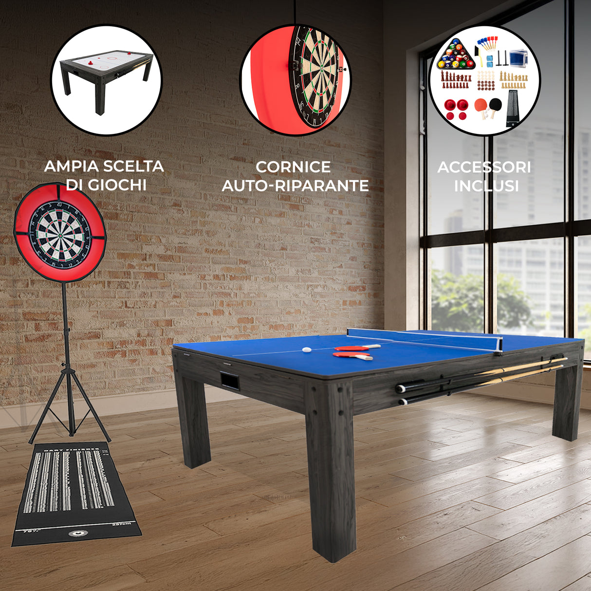 Tavolo giochi 7-in-1 grigio con superficie blu, set freccette rosso e luce LED, ideale per divertimento e intrattenimento domestico