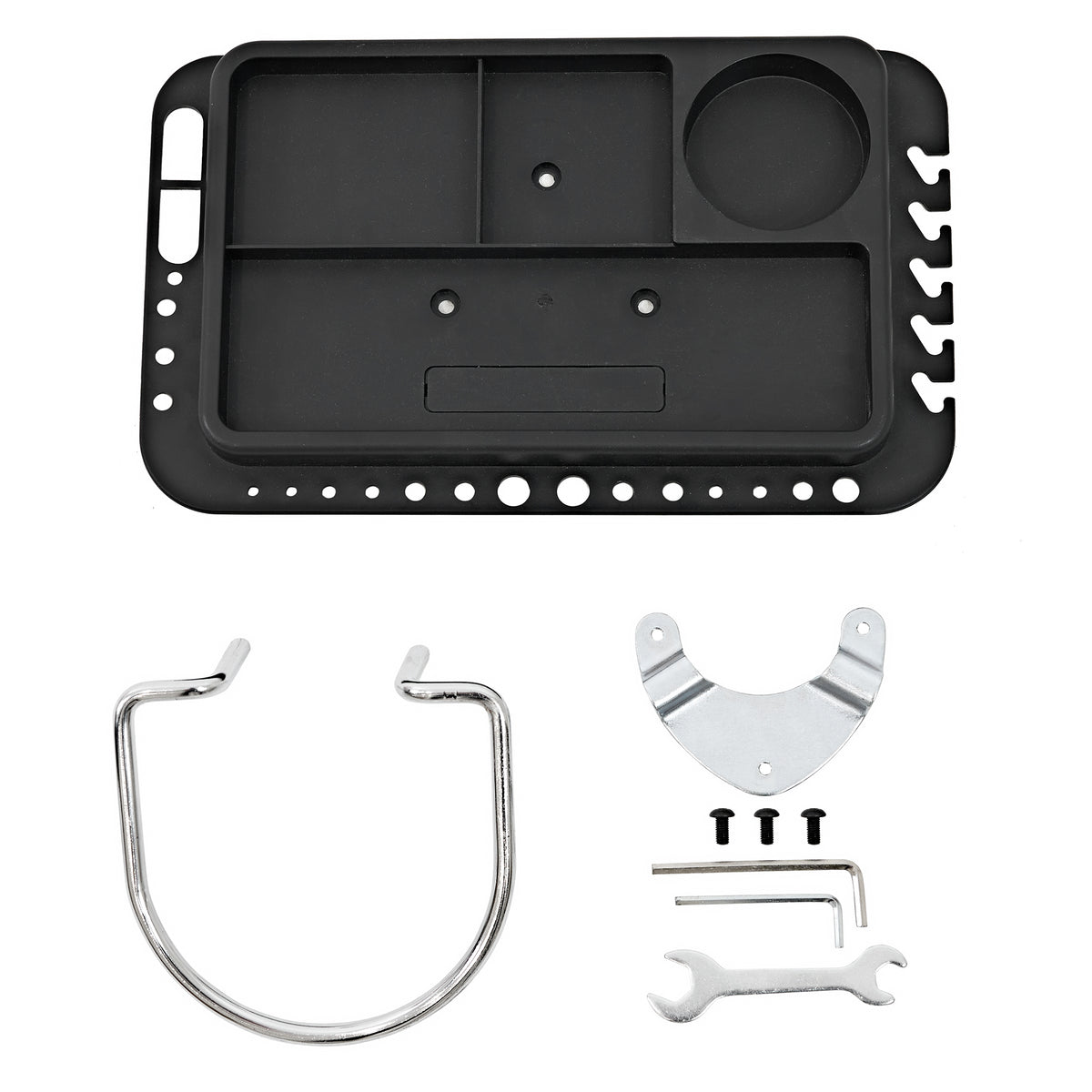 Cavalletto riparazione bici in plastica nera con scomparti, accessori metallici e attrezzi per la manutenzione della bicicletta