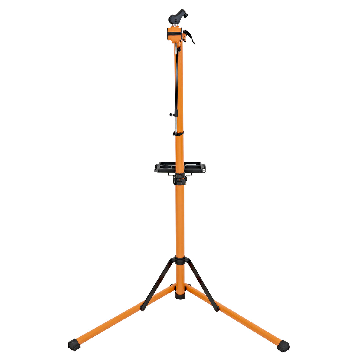 Cavalletto riparazione bici in metallo arancione, regolabile in altezza, con base stabile e supporto per attrezzi integrato
