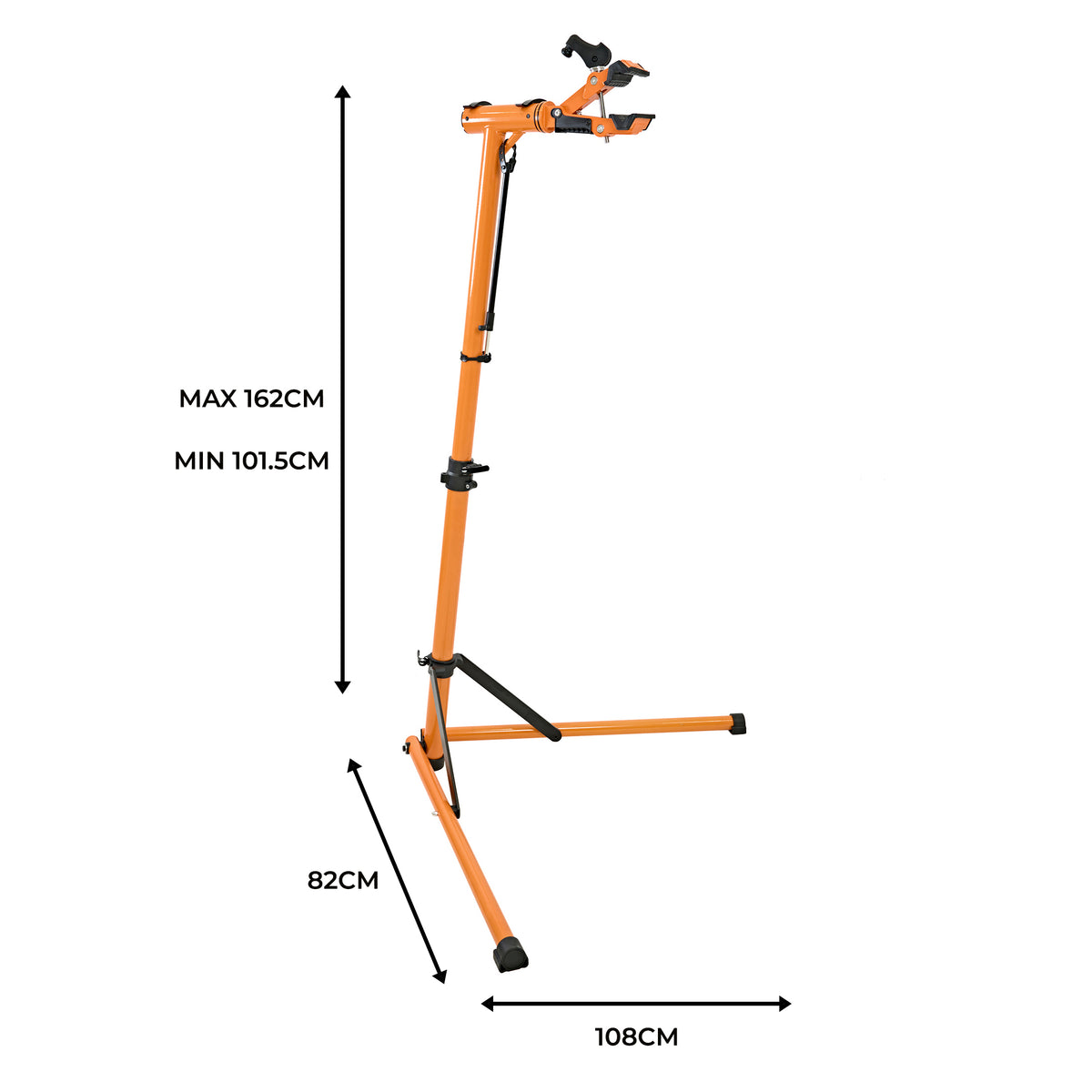 Cavalletto riparazione bici regolabile in arancione, con supporto robusto, altezza massima 162 cm e base stabile per un uso pratico