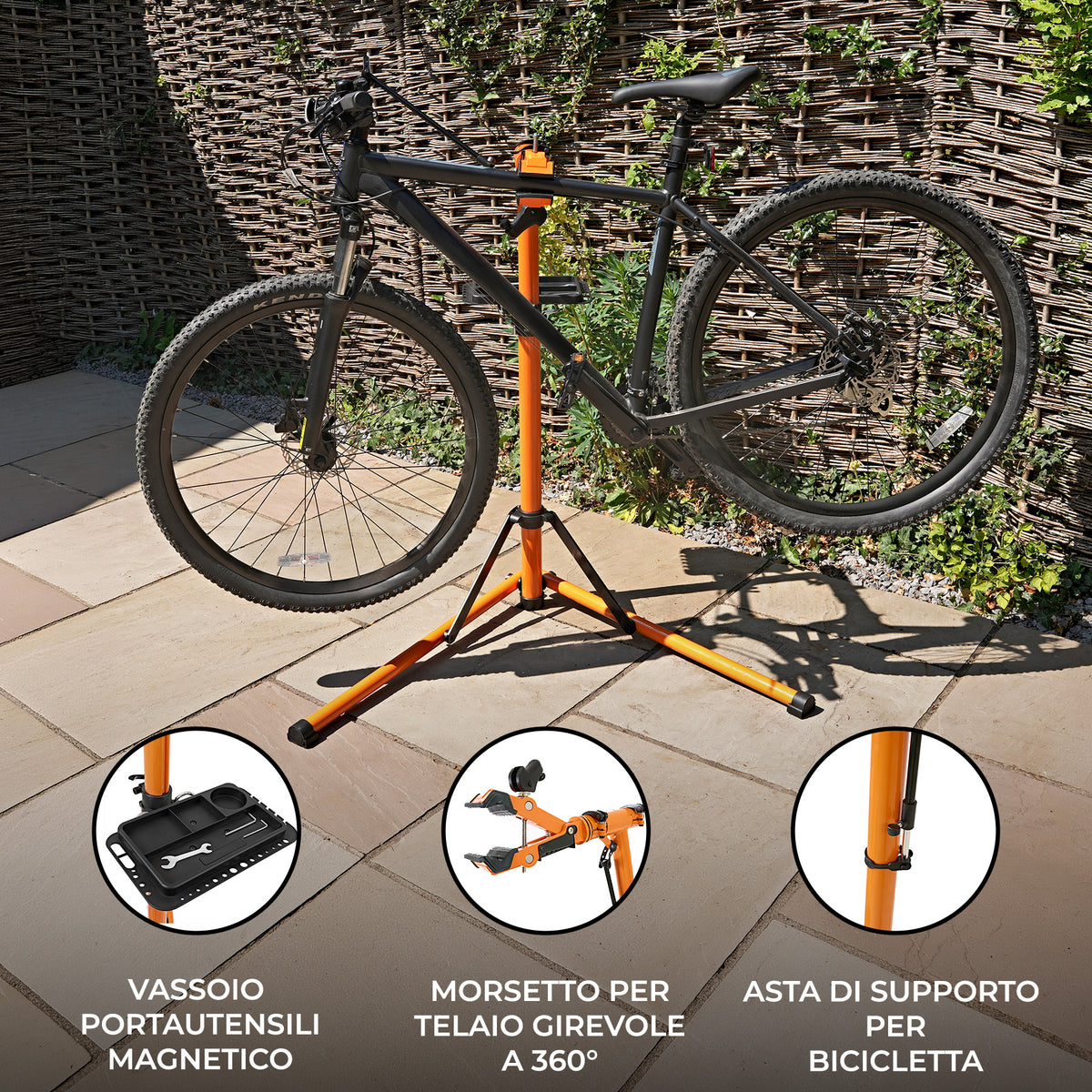 Cavalletto riparazione bici arancione con supporto magnetico, telaio girevole a 360°, ideale per manutenzione e riparazioni biciclette