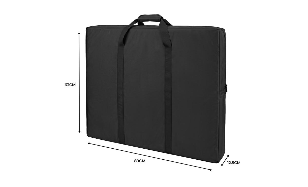 Borsa nera in tessuto resistente, dimensioni 89x63x12,5 cm, con maniglie per il trasporto e zip per una chiusura sicura