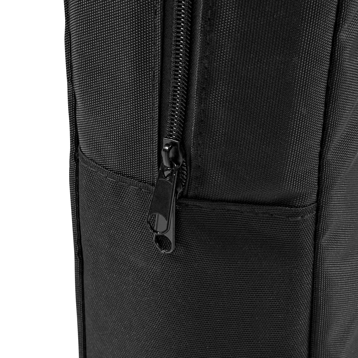 Borsa nera in tessuto resistente con zip lucida e tasca laterale, ideale per uso quotidiano e viaggi, con texture robusta