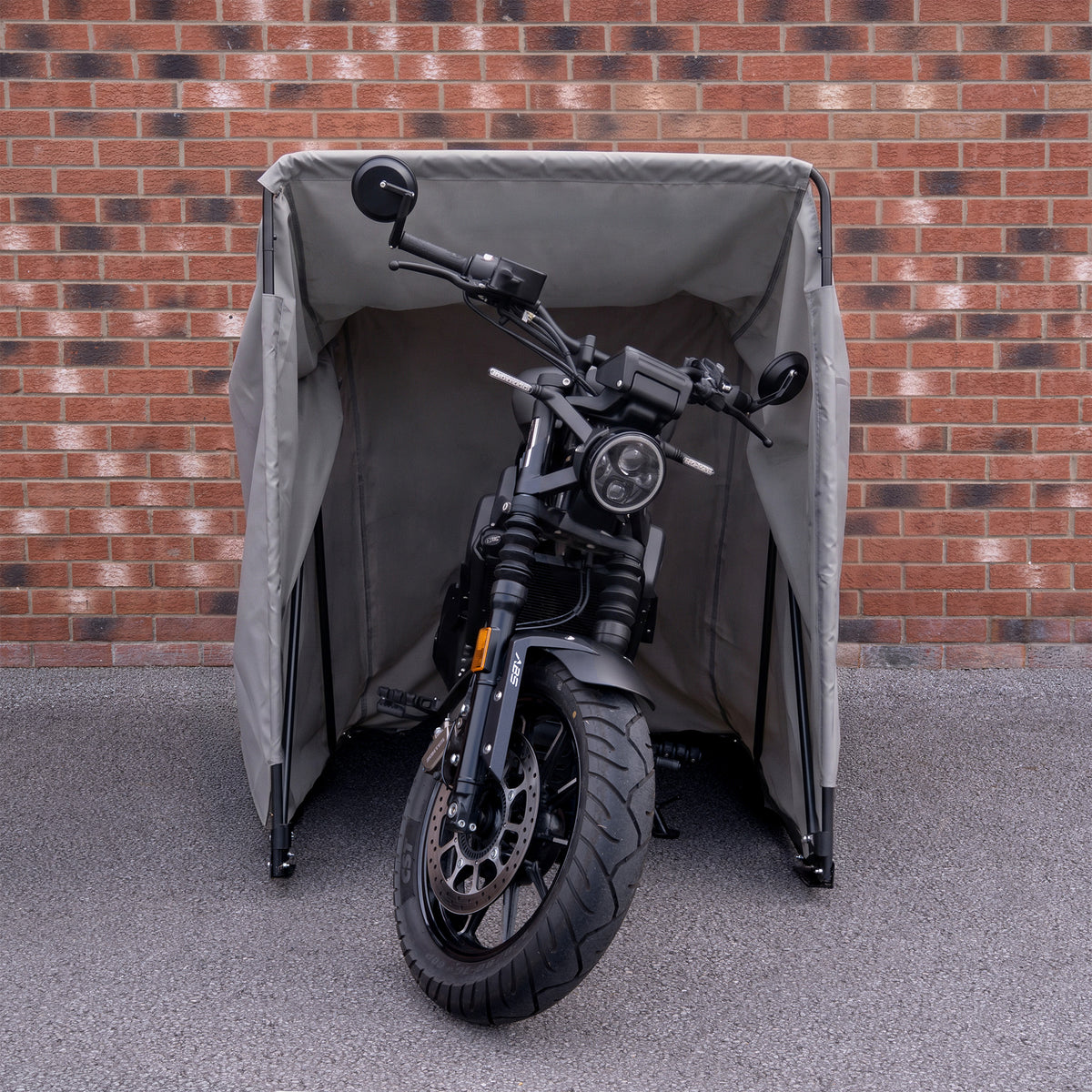 Tenda per moto grigia, resistente e impermeabile, con struttura robusta, adatta per proteggere la moto da intemperie e polvere