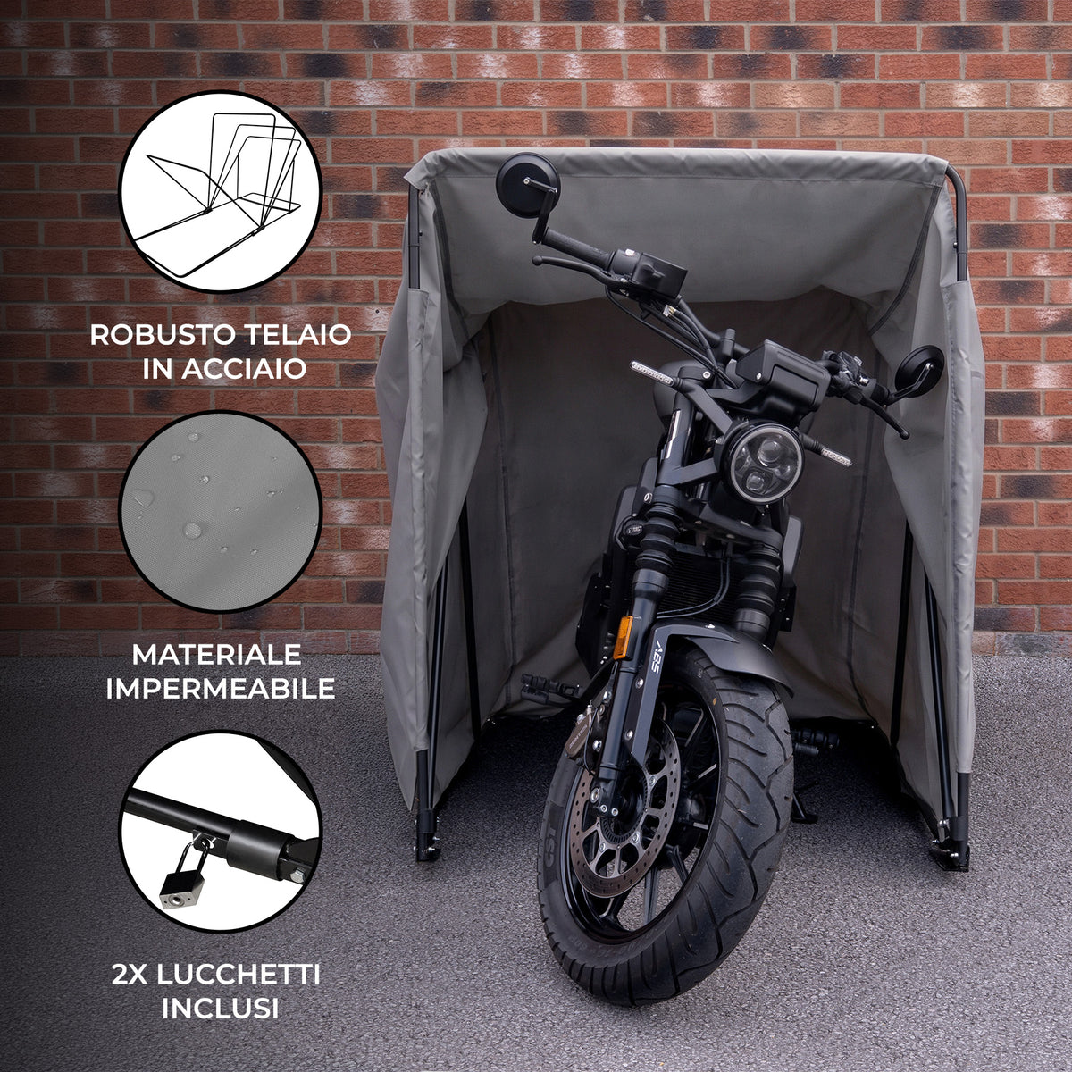 Tenda grigia per moto con robusto telaio in acciaio, materiale impermeabile e due lucchetti inclusi, ideale per protezione esterna