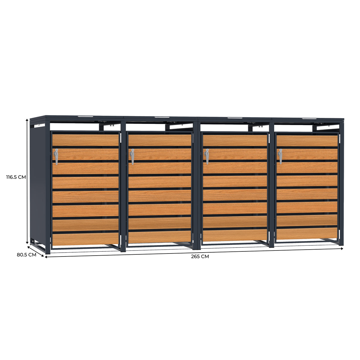 Armadio da esterno in metallo nero con ante in legno chiaro, dimensioni 265 cm x 116,5 cm, design moderno e resistente agli agenti atmosferici