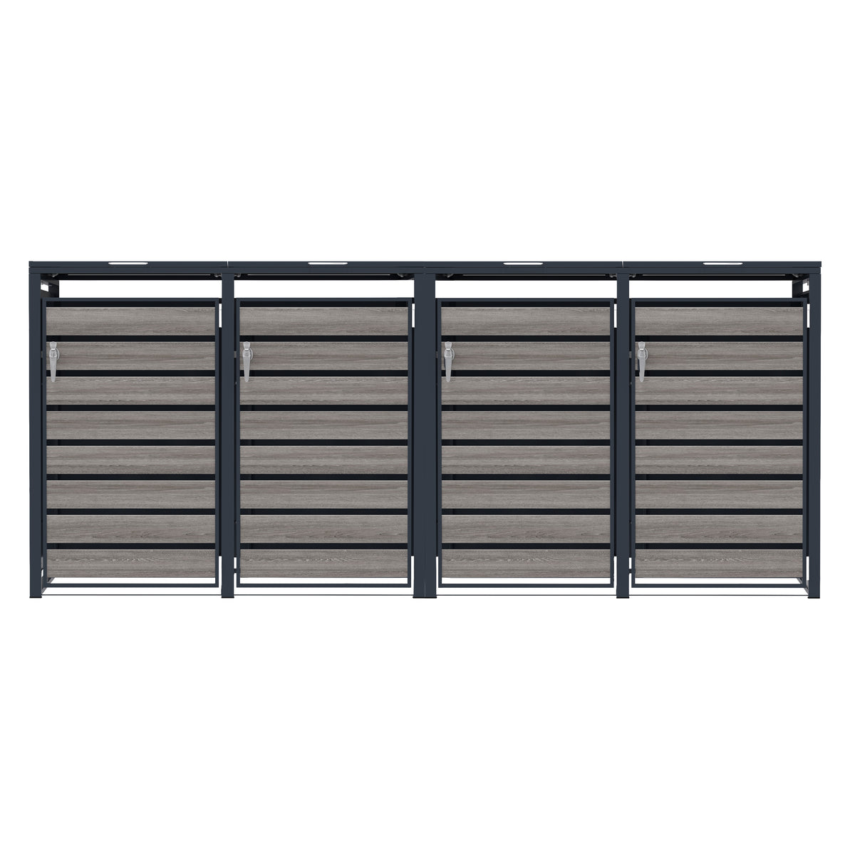 Recinzione moderna in metallo grigio scuro con pannelli in legno chiaro, linee pulite e design elegante, ideale per esterni