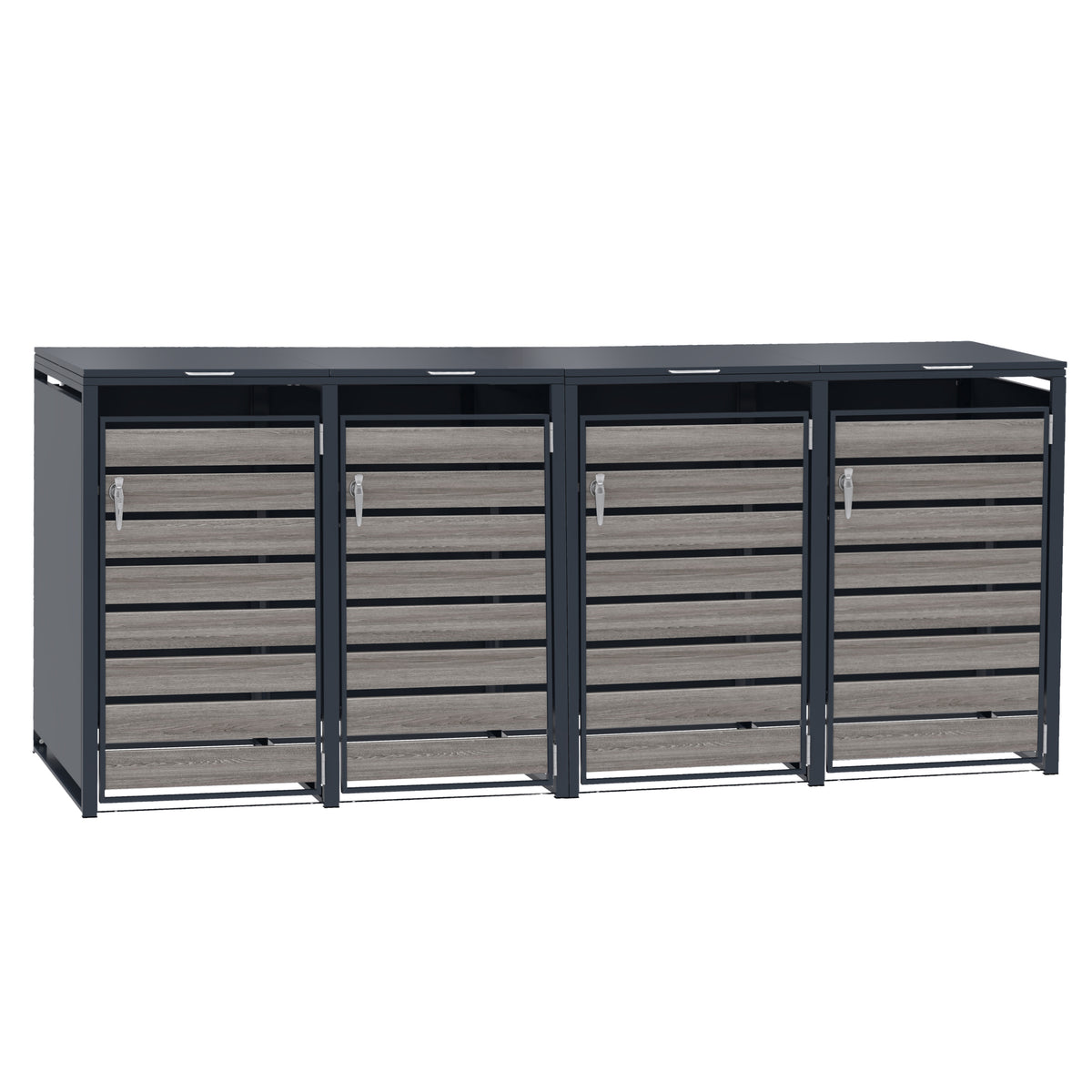 Mobiletto moderno in metallo grigio scuro con quattro cassetti in legno chiaro, ideale per organizzare spazi interni ed esterni