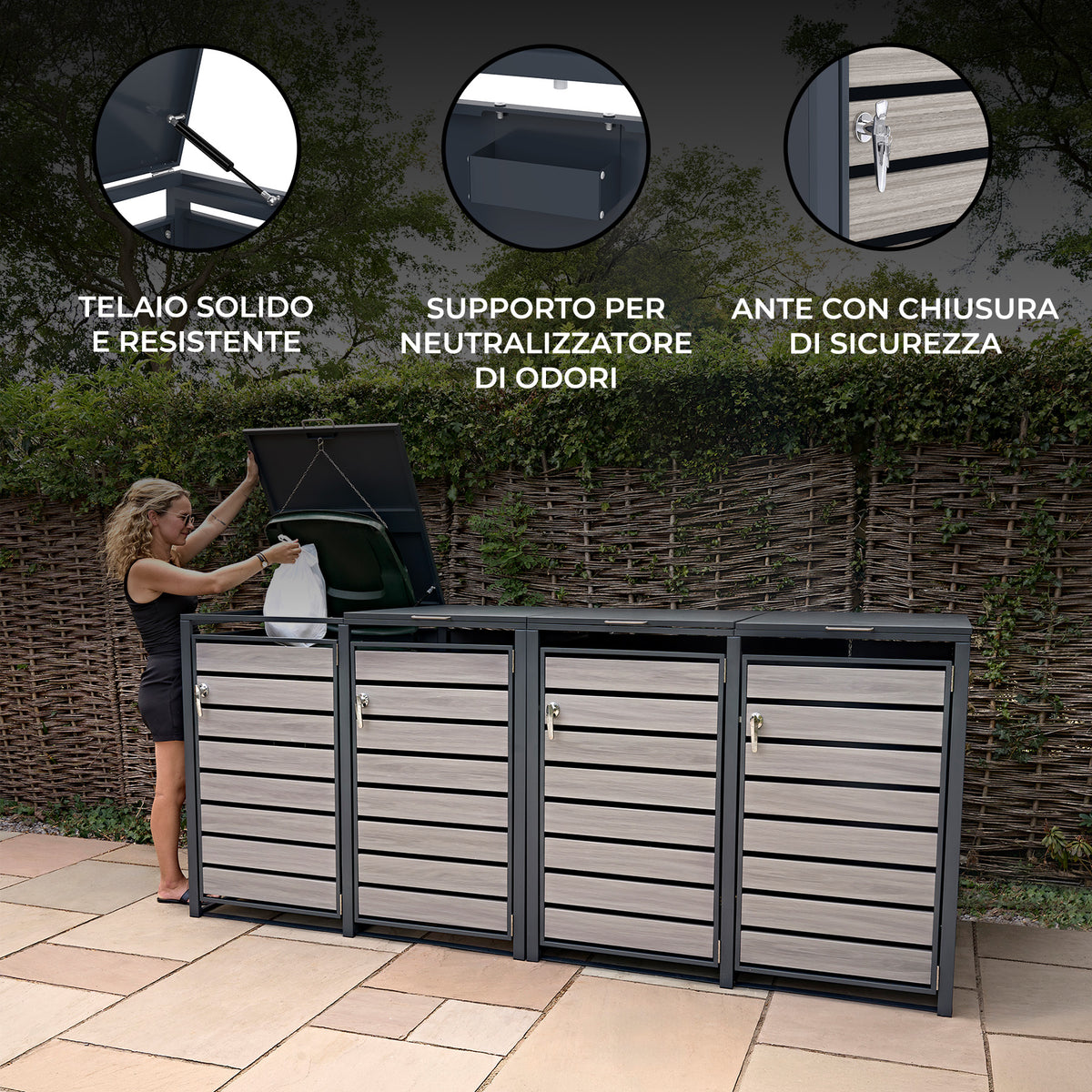 Contenitore per rifiuti con telaio resistente, ante in legno grigio, chiusura di sicurezza e supporto per neutralizzare odori