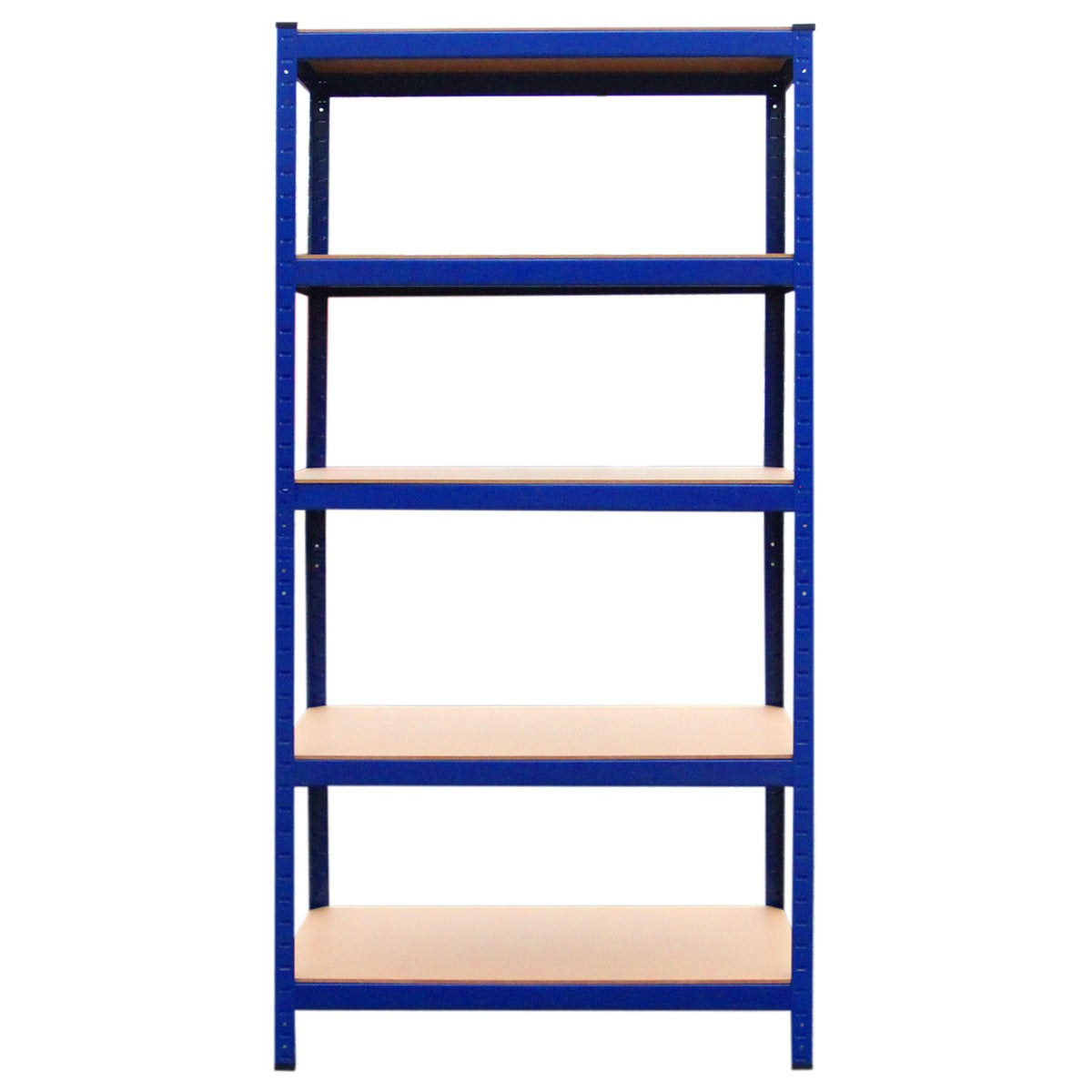Scaffale da garage ad incastro T-Rax, blu, con quattro ripiani in legno chiaro, design robusto e struttura metallica resistente