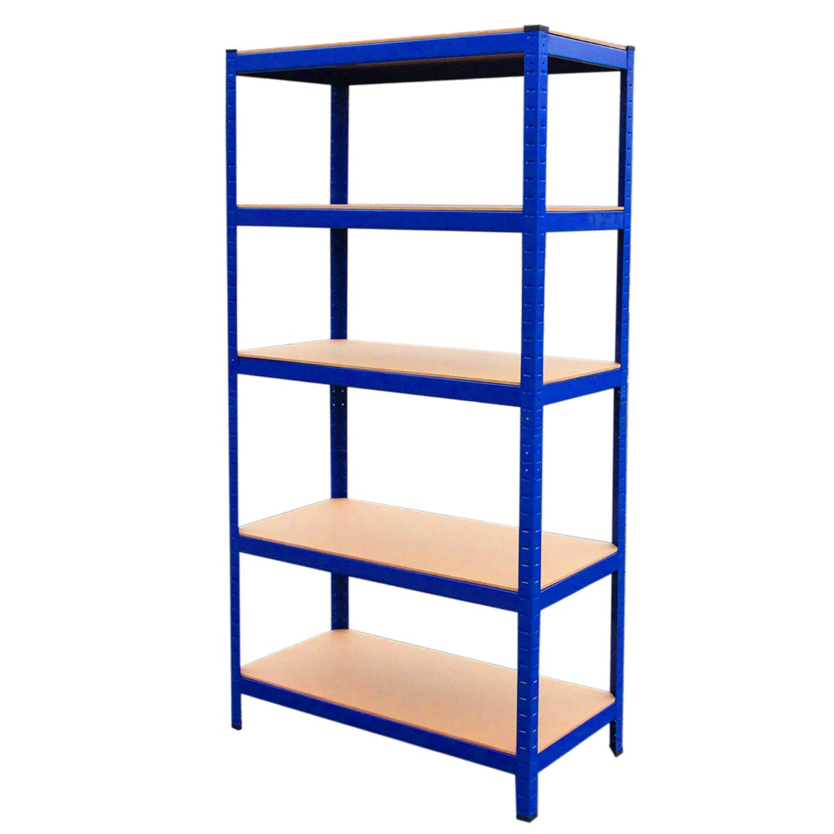 Scaffale da garage blu ad incastro T-Rax con quattro ripiani in legno, design robusto e moderno, dimensioni 90cm x 45cm
