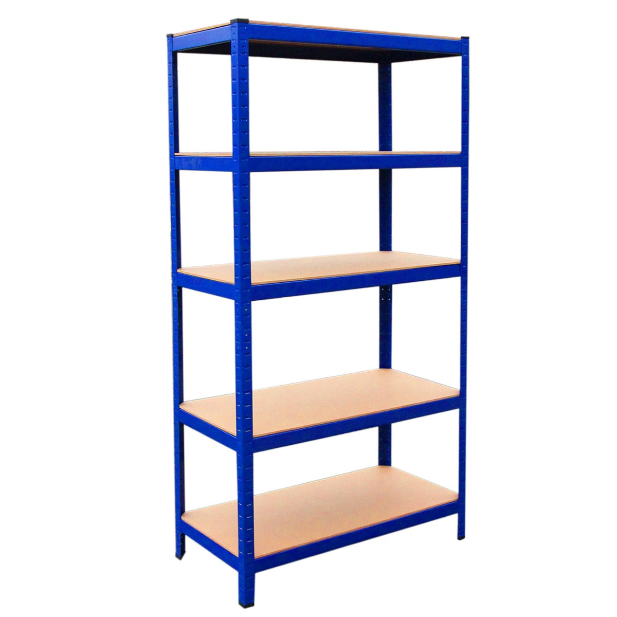 Scaffale da garage blu in metallo, con cinque ripiani in legno, design robusto e dimensioni 90cm x 45cm, ideale per organizzare spazi