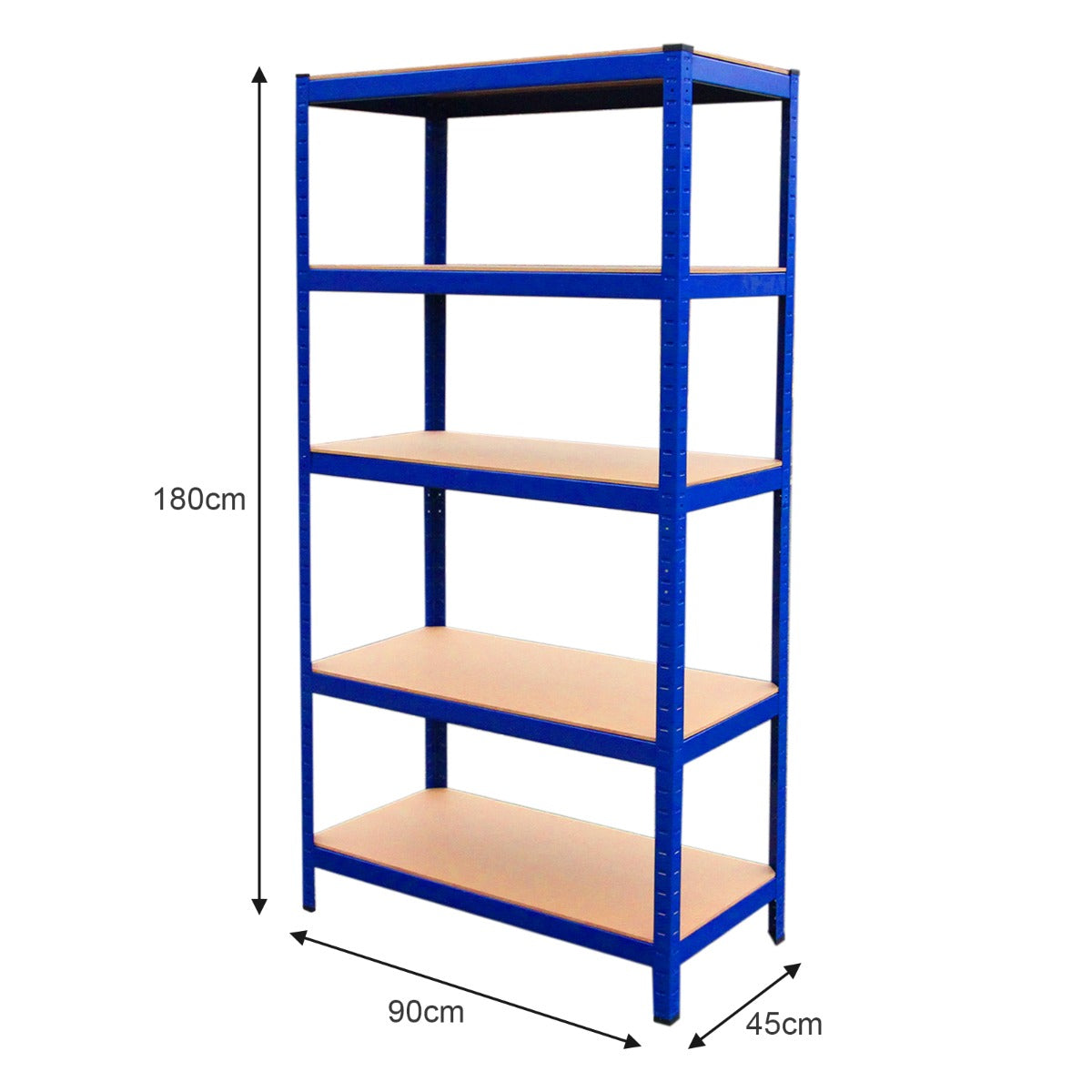 Scaffale da garage ad incastro T-Rax blu, 90cm x 45cm, con quattro ripiani in legno chiaro e struttura metallica robusta e resistente