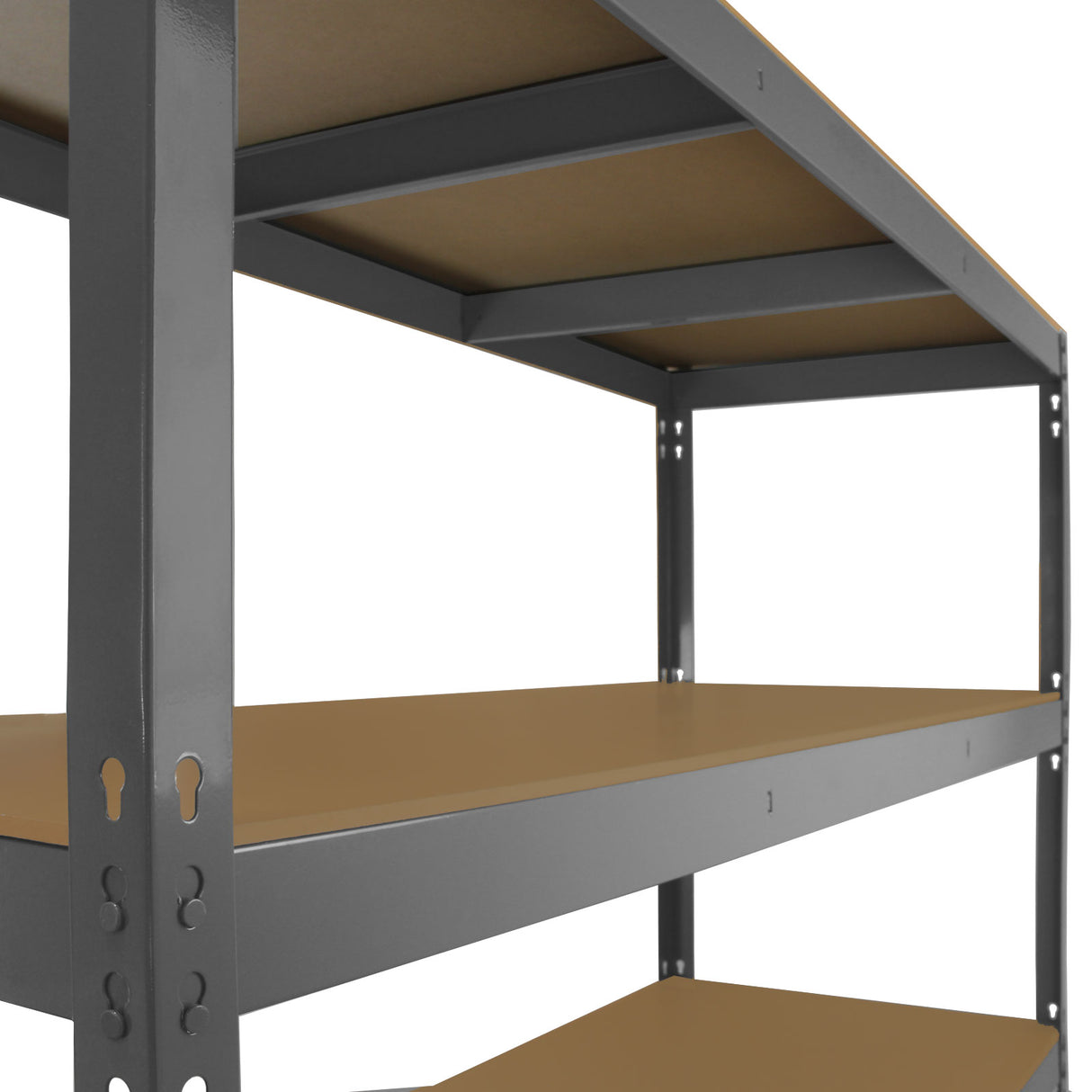Scaffale da garage ad incastro Q-Rax grigio, con ripiani in MDF marrone, struttura metallica robusta e design funzionale per organizzare spazi
