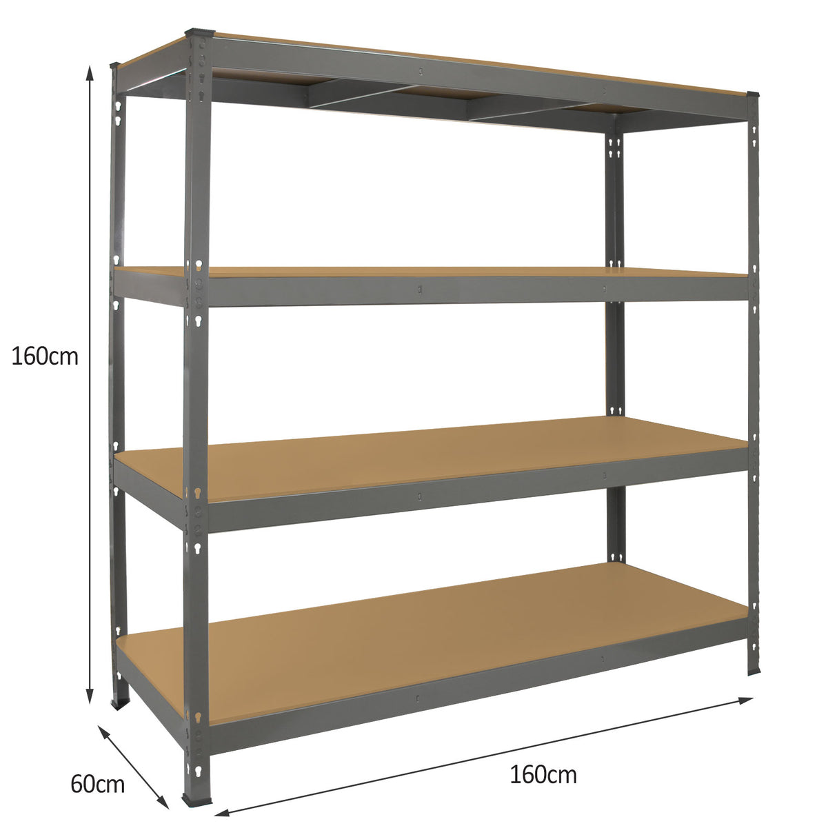 Scaffale da garage grigio in metallo, con quattro ripiani robusti, dimensioni 160cm x 60cm, ideale per organizzare spazi di lavoro