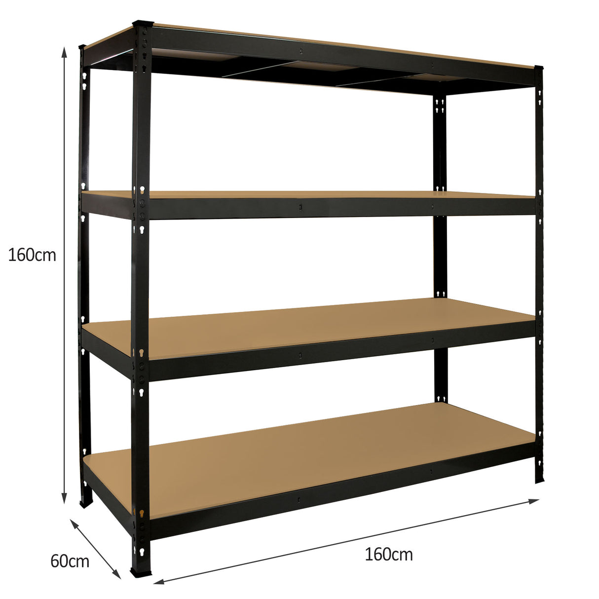 Scaffale da garage ad incastro Q-Rax, struttura nera, quattro ripiani beige, dimensioni 160cm x 60cm x 160cm, robusto e funzionale