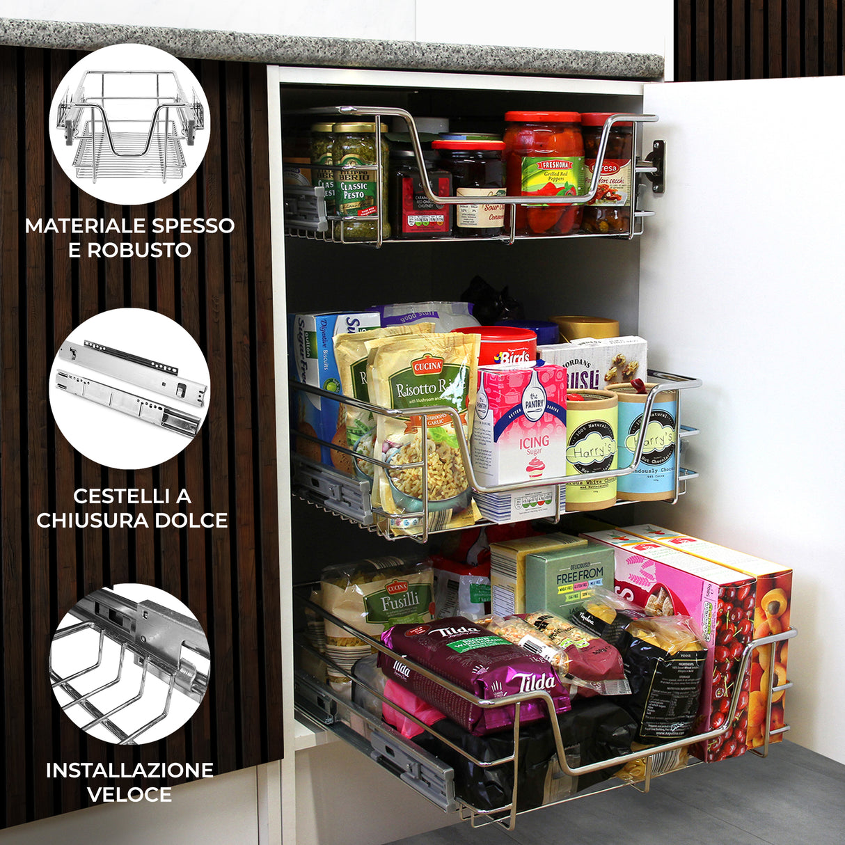 Cestelli estraibili in acciaio inox, con 6 cesti trasparenti, ideali per organizzare la cucina, robusti e facili da installare