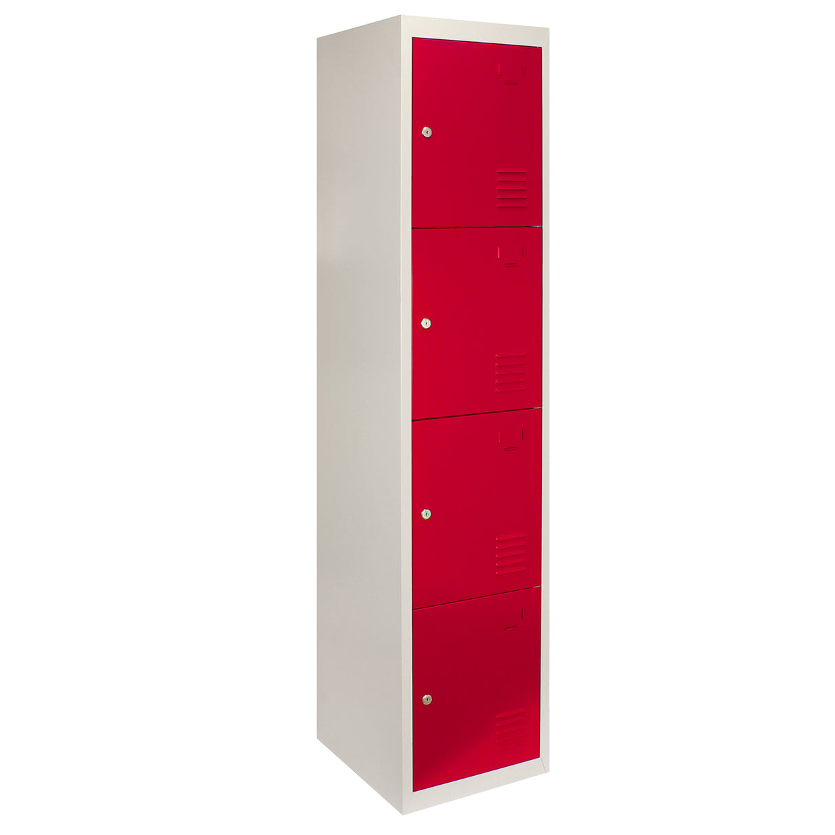 Armadietto alto con struttura bianca e quattro porte rosse in acciaio, ideale per scuole, palestre e spogliatoi, design moderno e funzionale