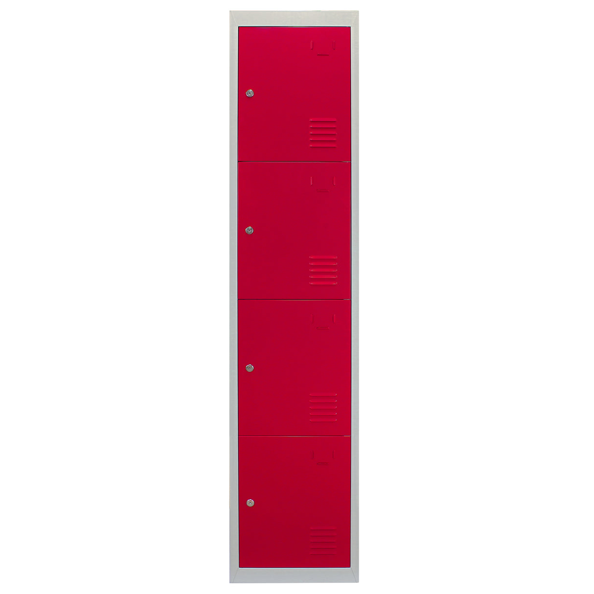 Armadietto verticale con quattro porte rosse in acciaio, finitura liscia, ideale per scuole, palestre e spogliatoi