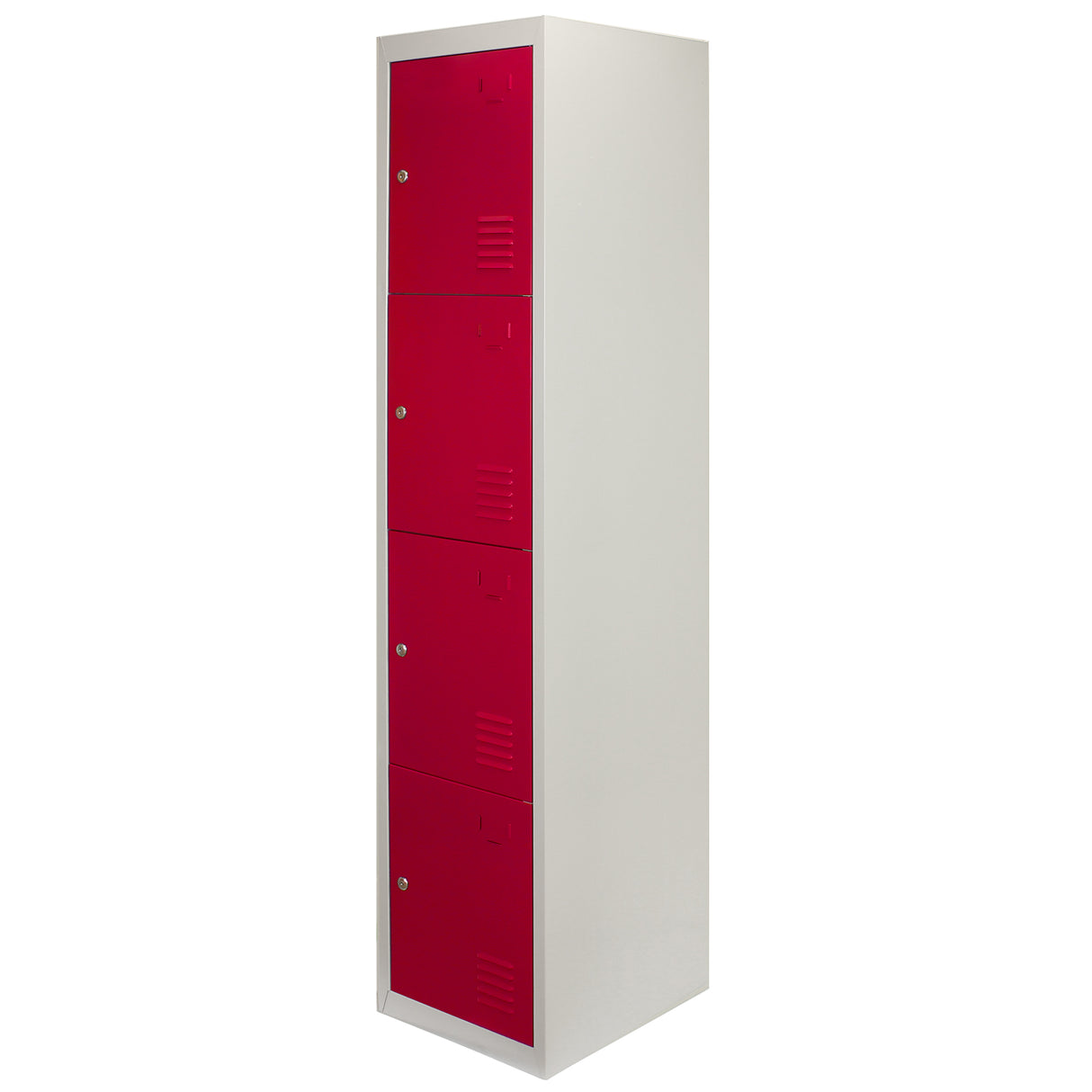 Armadietto alto con quattro porte rosse in acciaio, superficie liscia, design moderno, ideale per scuole e uffici