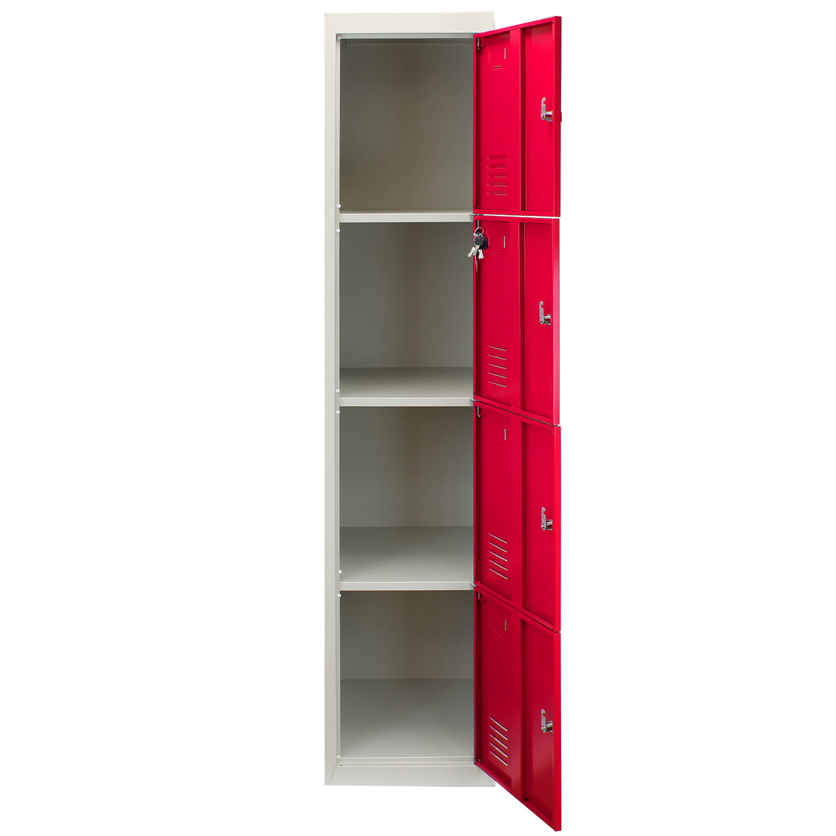 Armadietto in acciaio con quattro porte rosse, design moderno, finitura liscia, ideale per scuole, palestre e uffici
