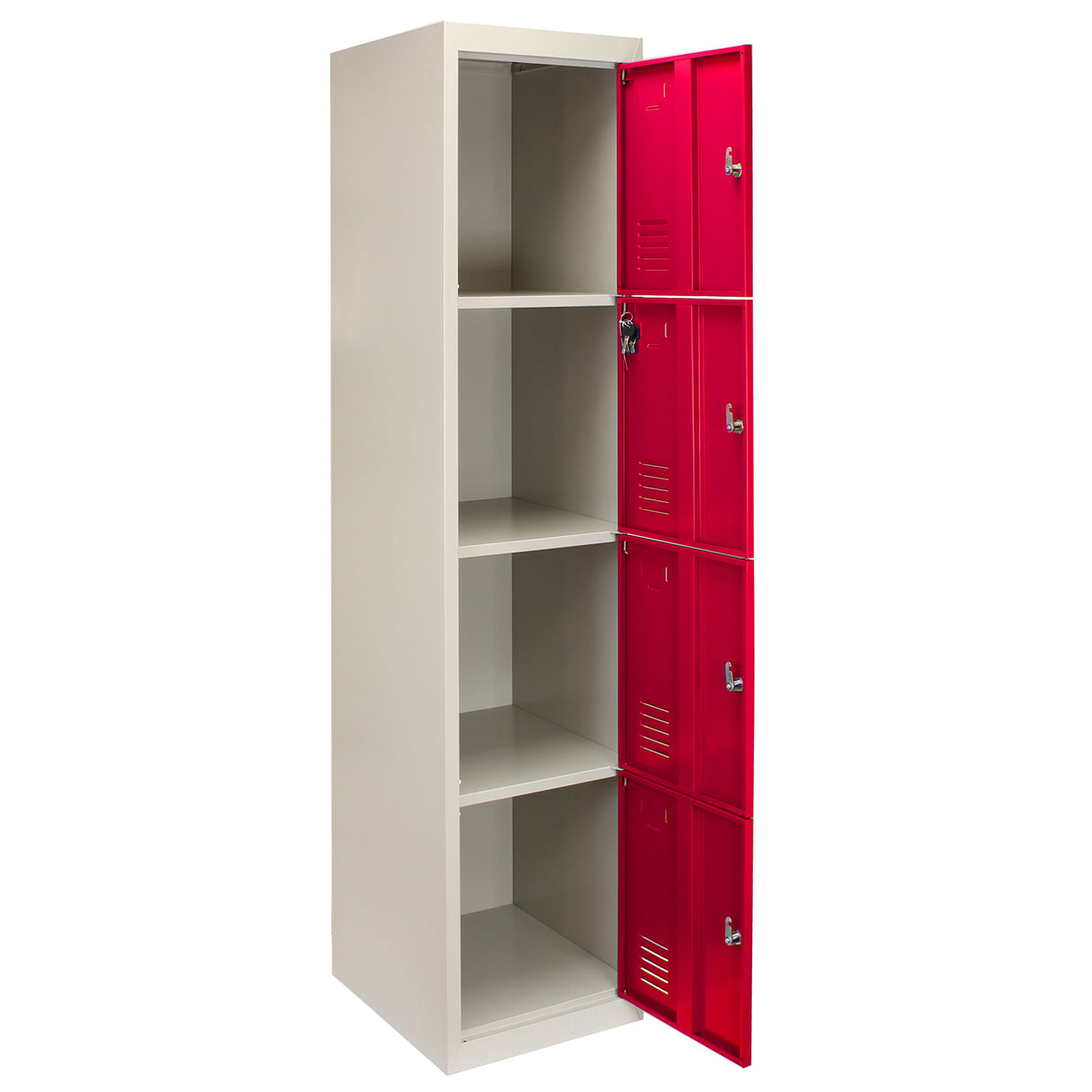 Armadietto alto in acciaio con quattro porte rosse, finitura liscia, ideale per scuole, palestre e spogliatoi, con ripiani interni ampi