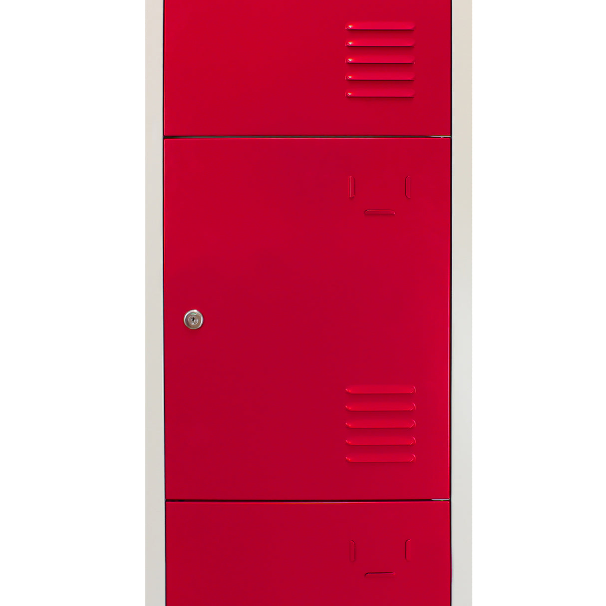 Armadietto in acciaio con quattro porte rosse, finitura liscia, maniglia metallica e griglie di ventilazione, ideale per scuole e uffici