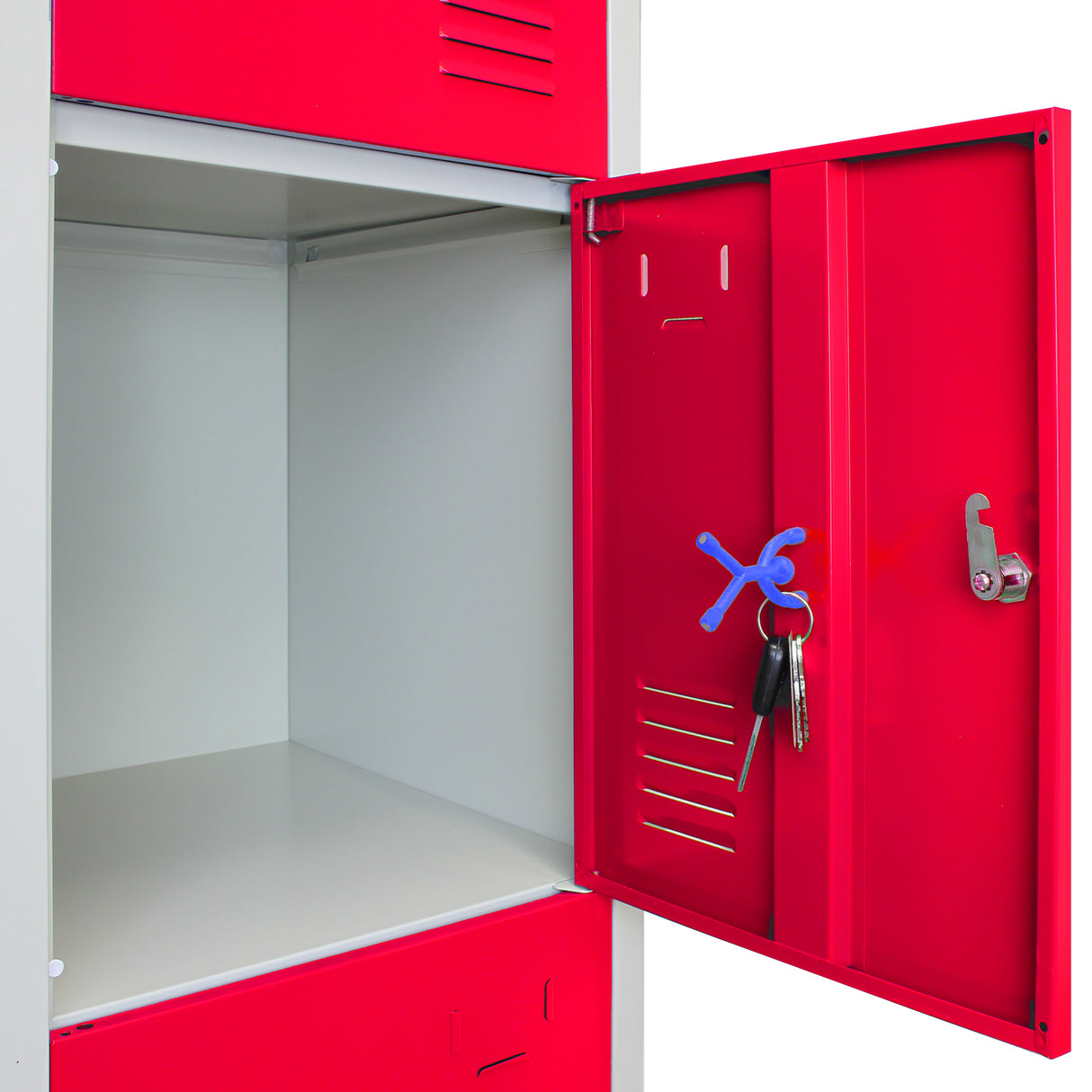 Armadietto in acciaio con quattro porte rosse, interno spazioso e chiave blu, ideale per scuole, palestre e uffici