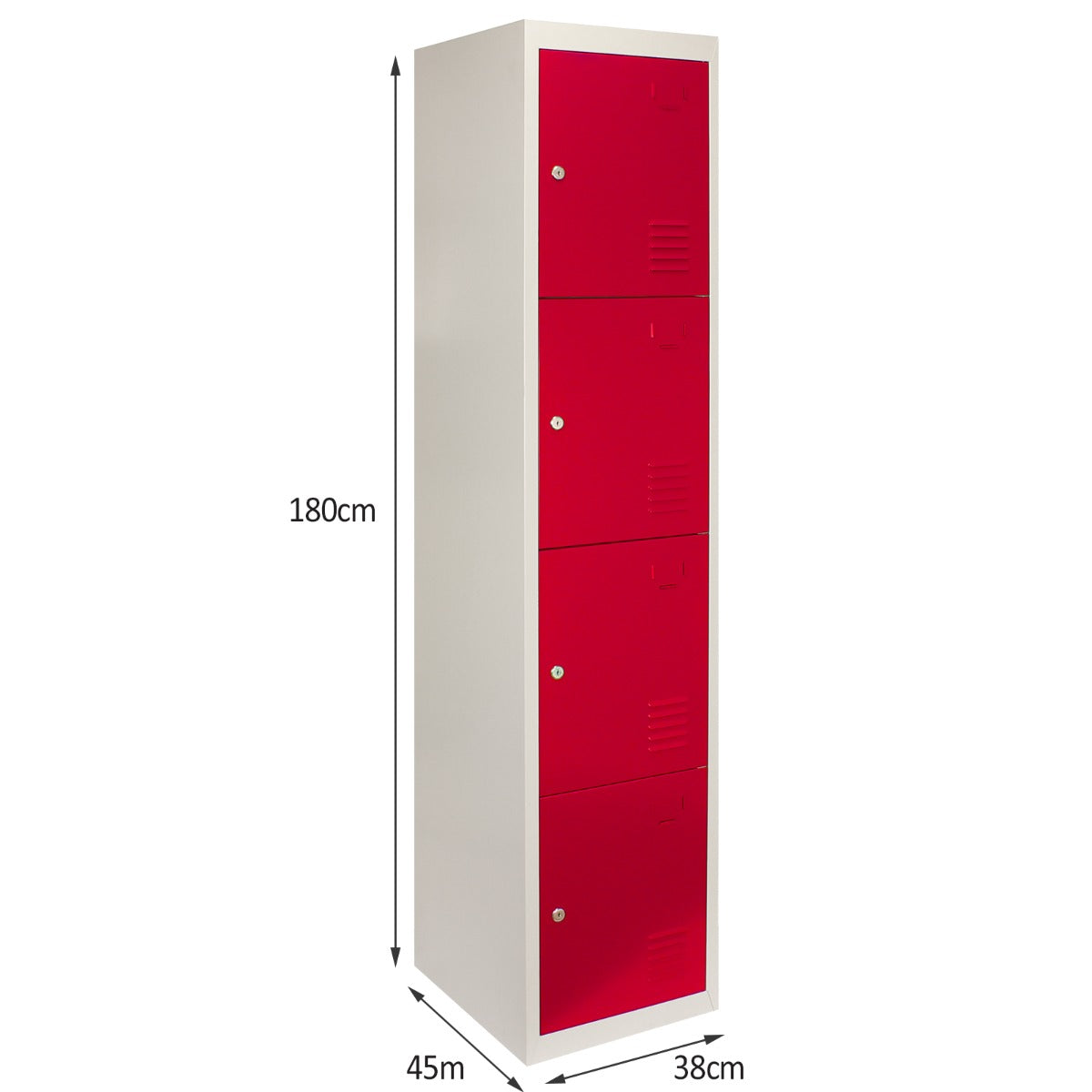 Armadietto alto con quattro porte rosse in acciaio, struttura bianca, ideale per scuole, palestre e spogliatoi, dimensioni 180x45x38 cm